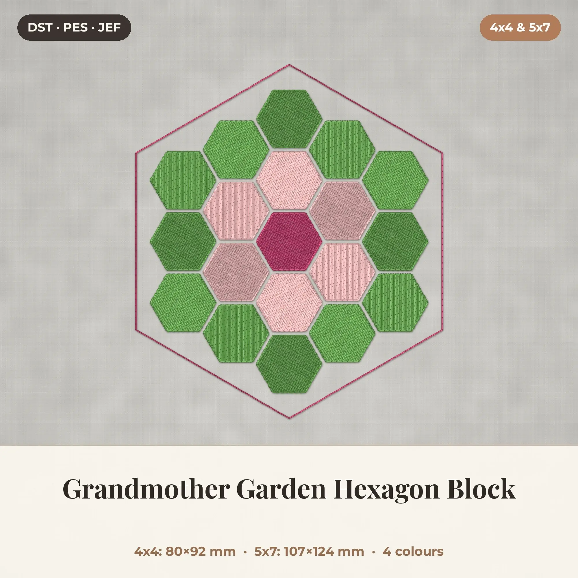 Grandmother Garden Hexagon Block Machine Embroidery Design 4x4 5x7 preview