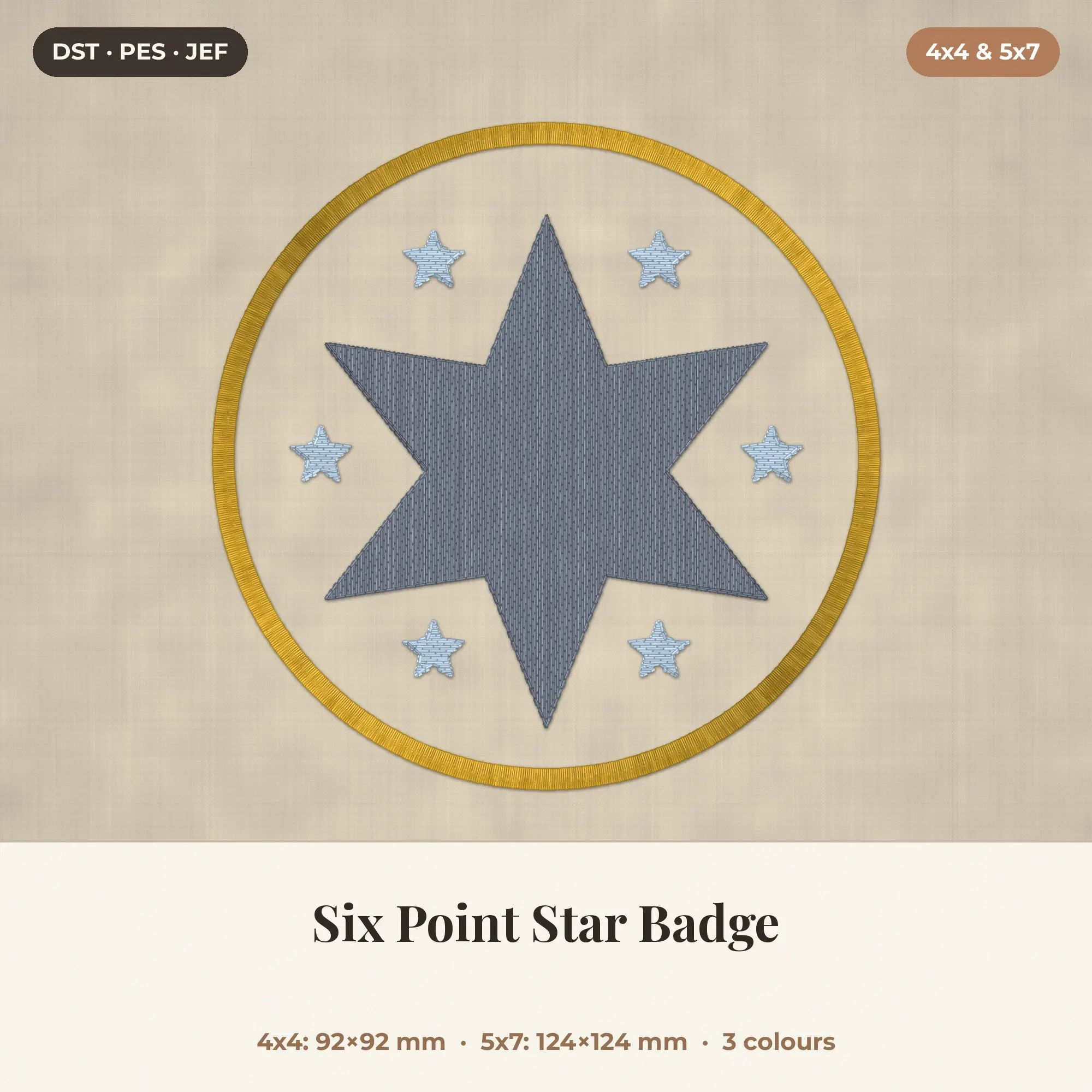 Six Point Star Badge Machine Embroidery Design 4x4 5x7, preview 1 of 2