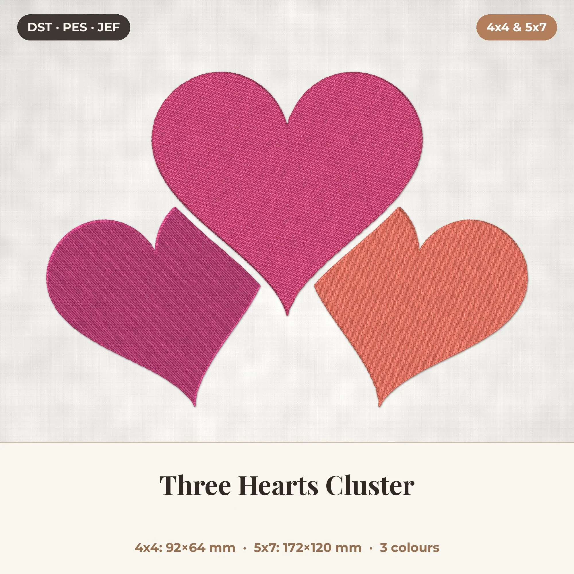 Three Hearts Cluster Machine Embroidery Design 4x4 5x7 preview
