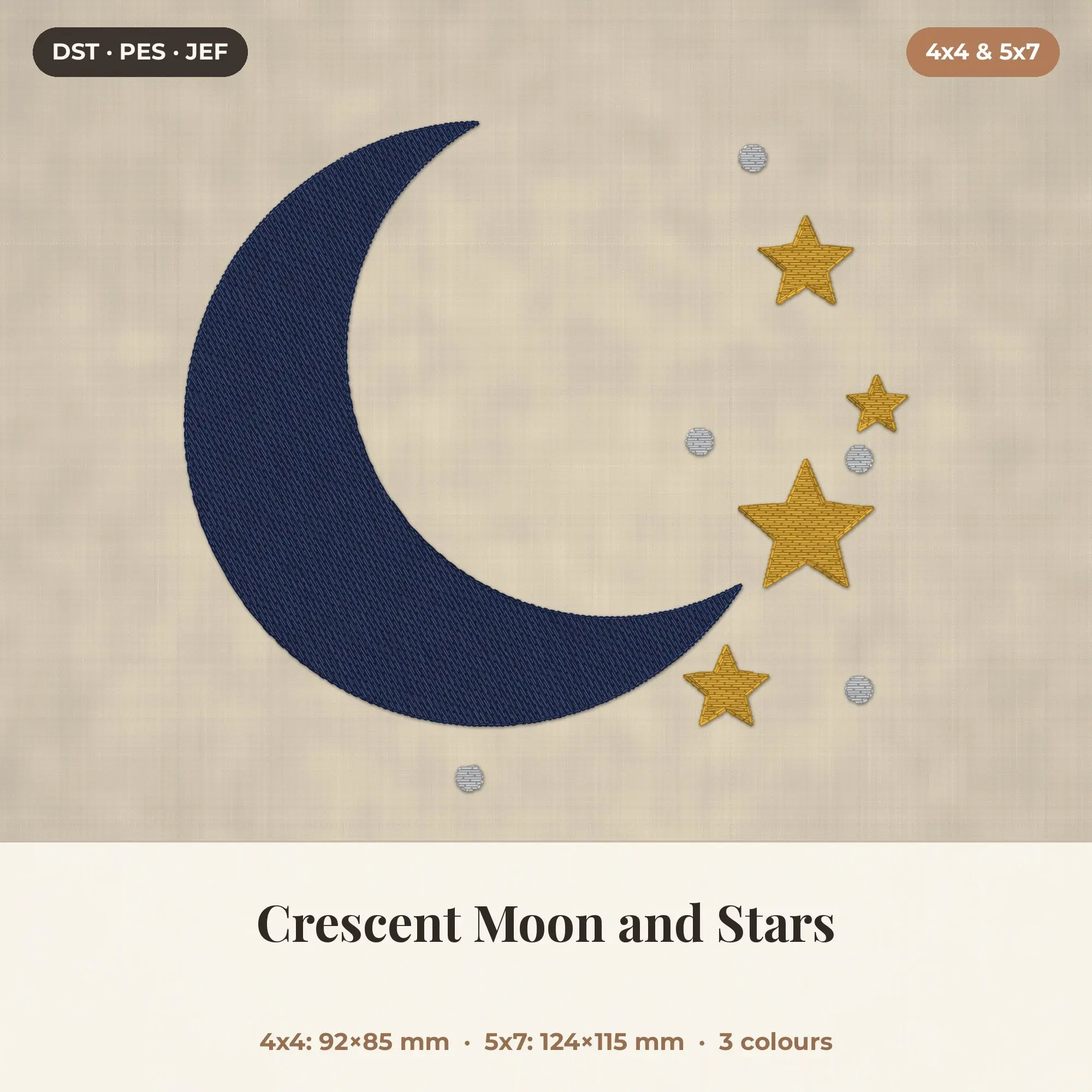 Crescent Moon and Stars Machine Embroidery Design 4x4 5x7 preview