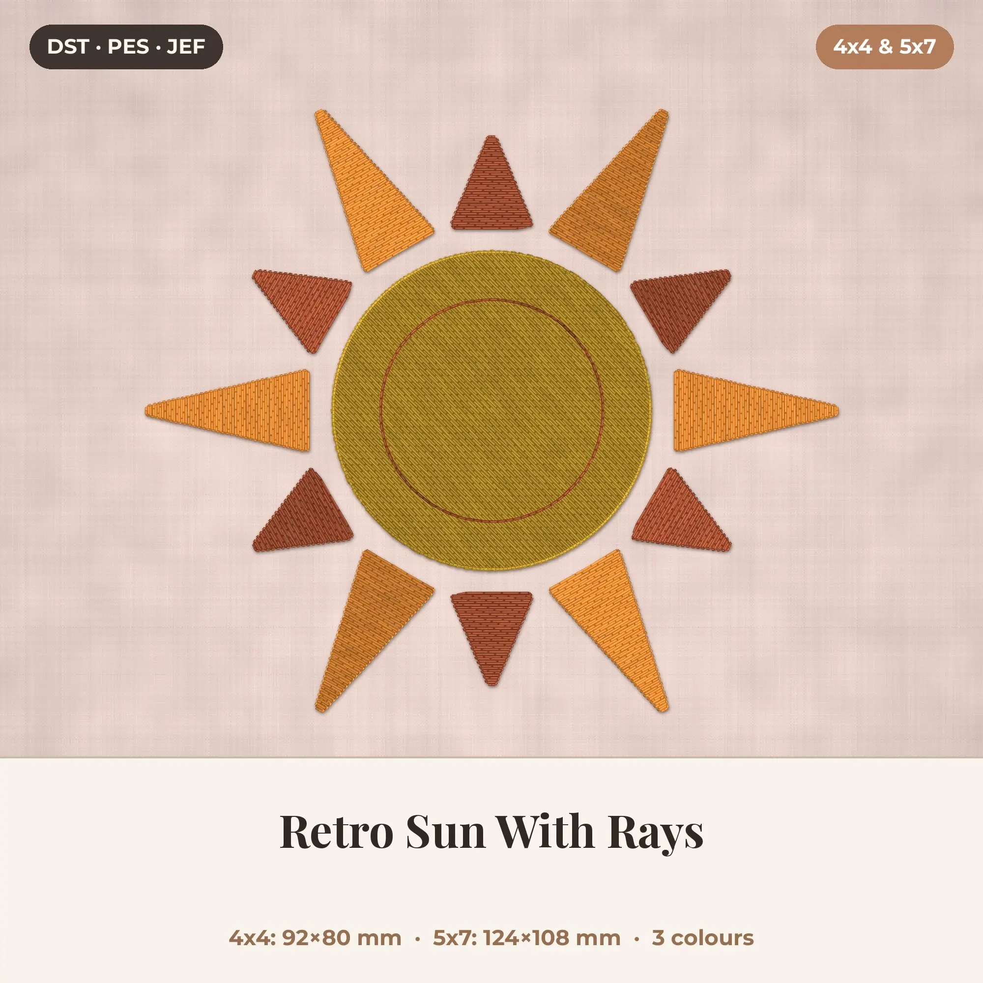 Retro Sun With Rays Machine Embroidery Design 4x4 5x7 preview