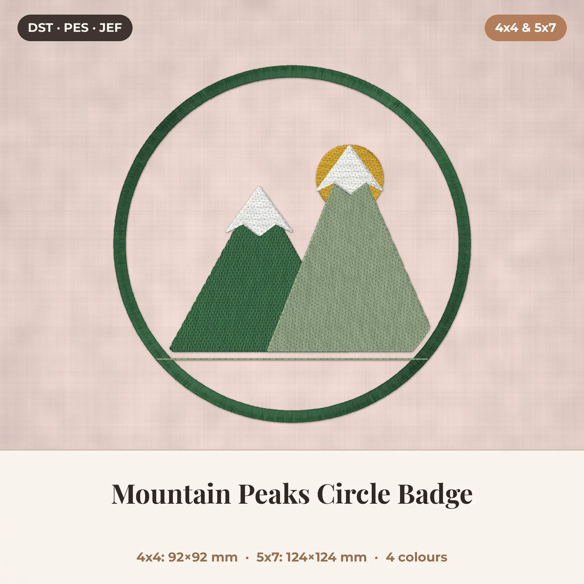 Mountain Peaks Circle Badge Machine Embroidery Design 4x4 5x7 preview