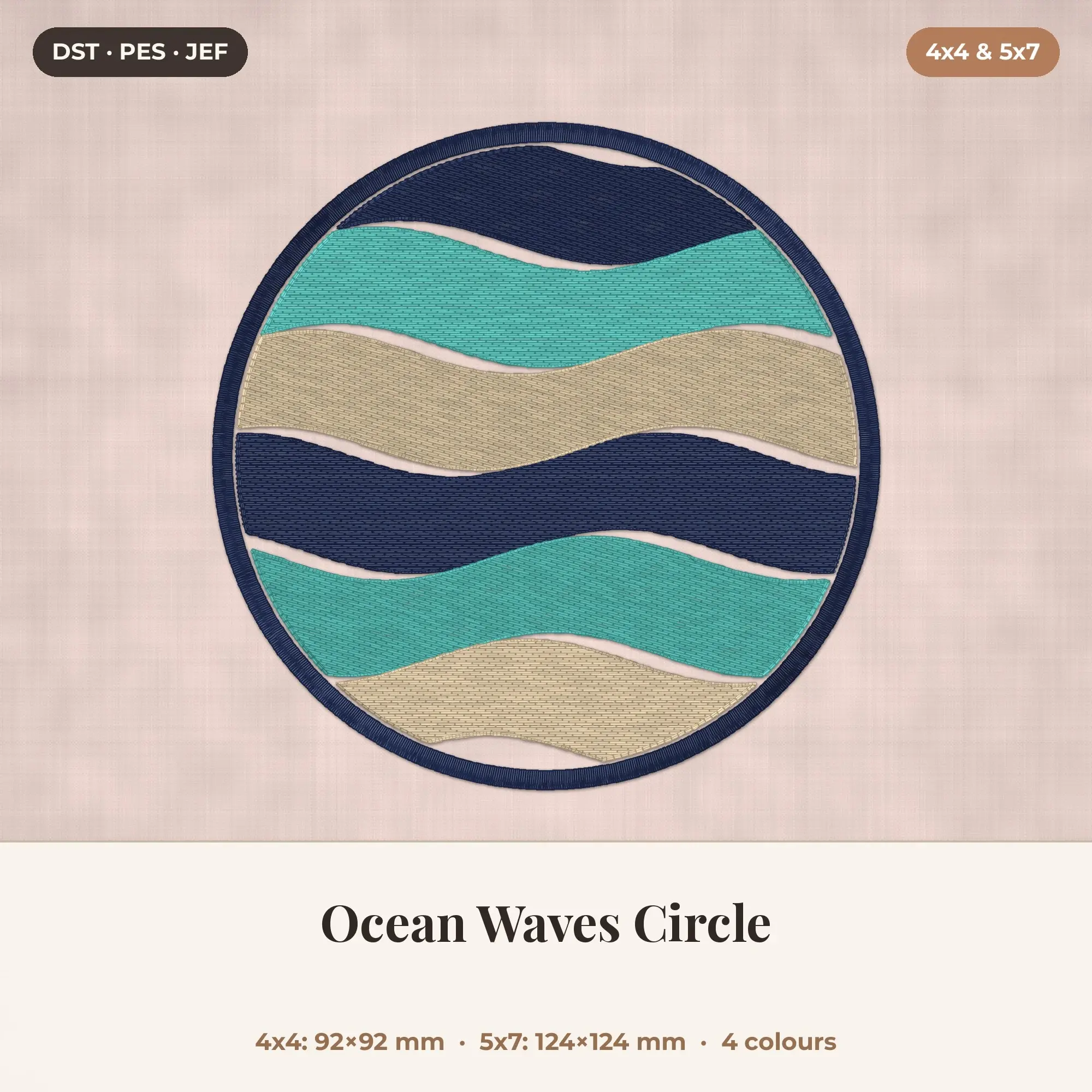 Ocean Waves Circle Machine Embroidery Design 4x4 5x7 preview