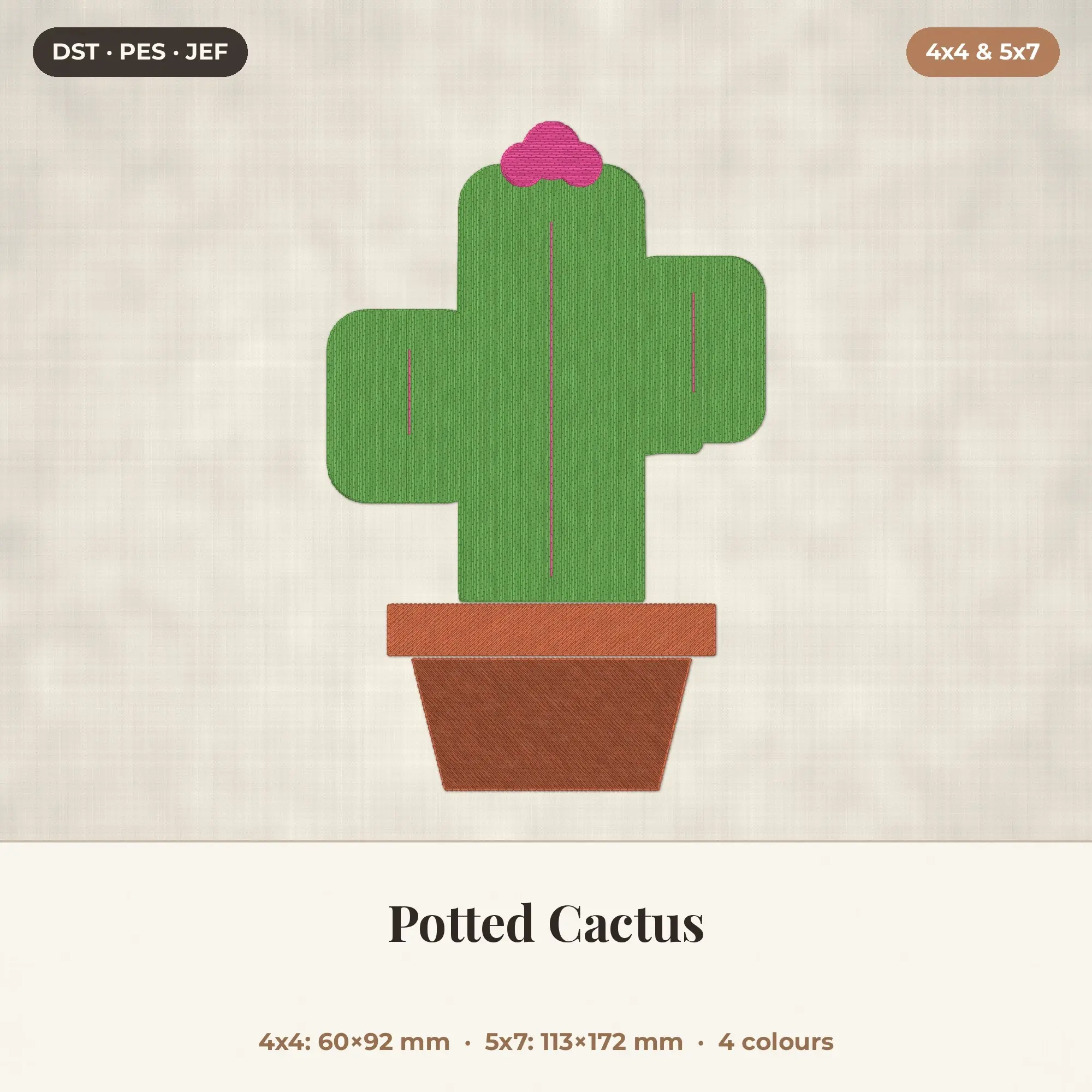Potted Cactus Machine Embroidery Design 4x4 5x7 preview
