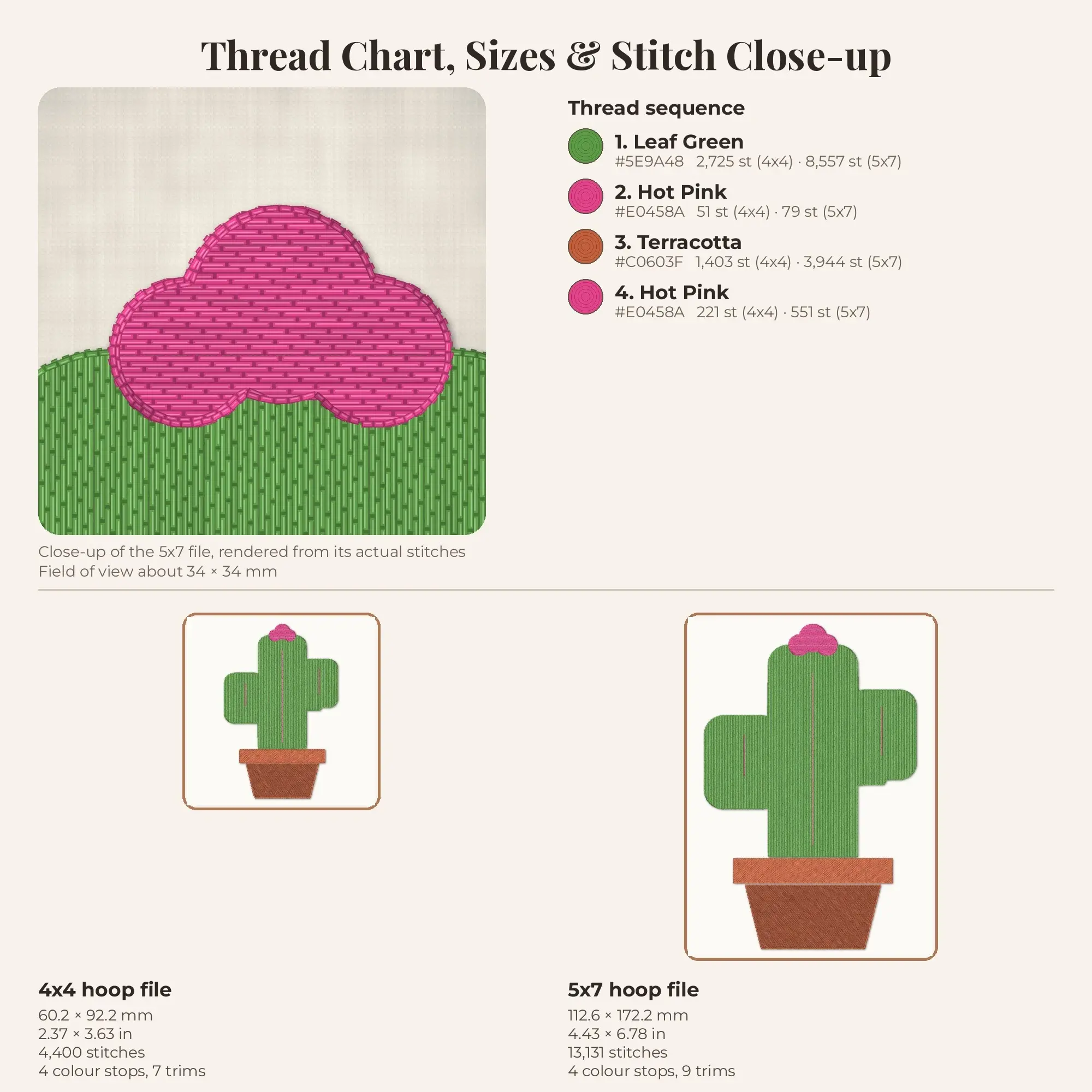 Potted Cactus Machine Embroidery Design 4x4 5x7, preview 2 of 2