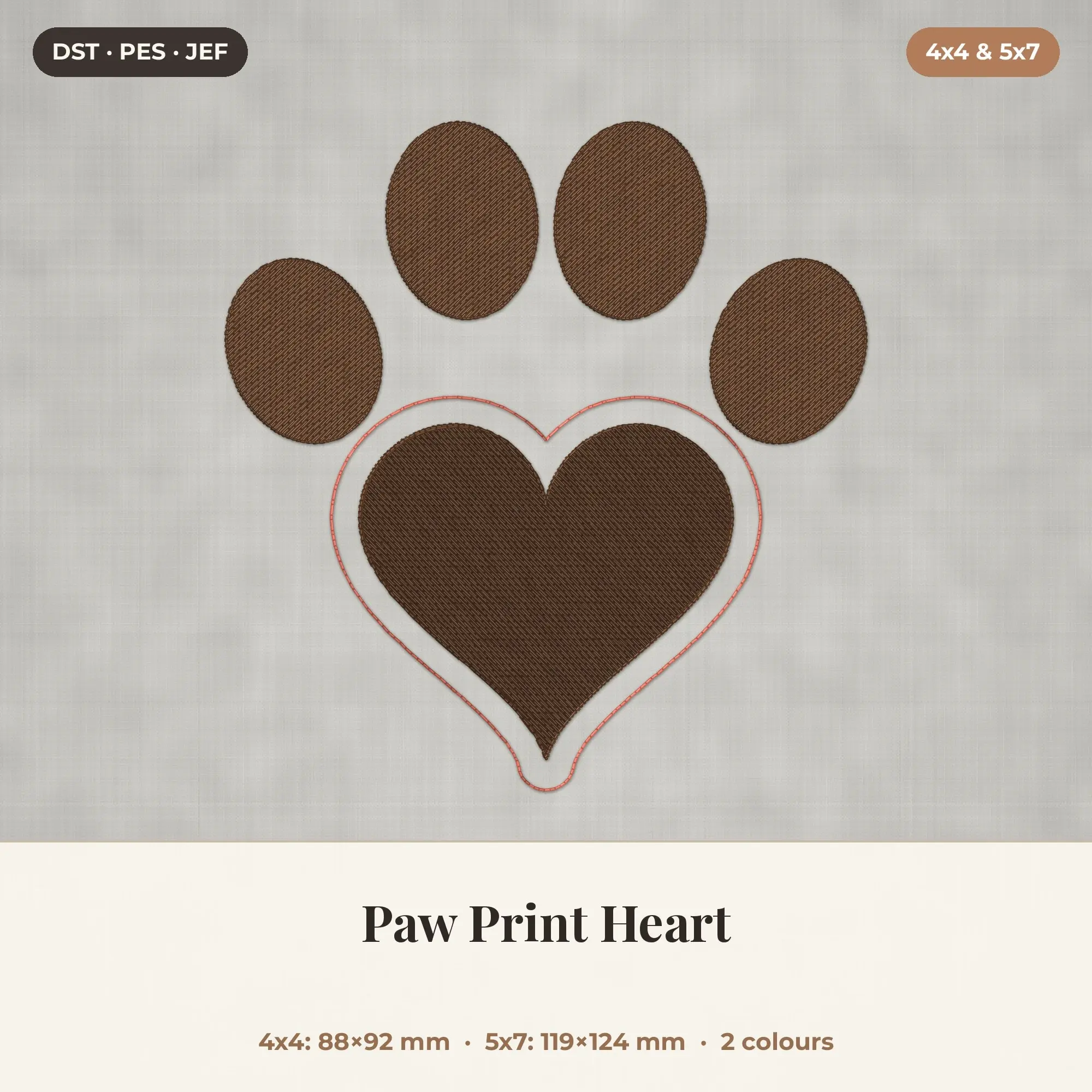 Paw Print Heart Machine Embroidery Design 4x4 5x7 preview