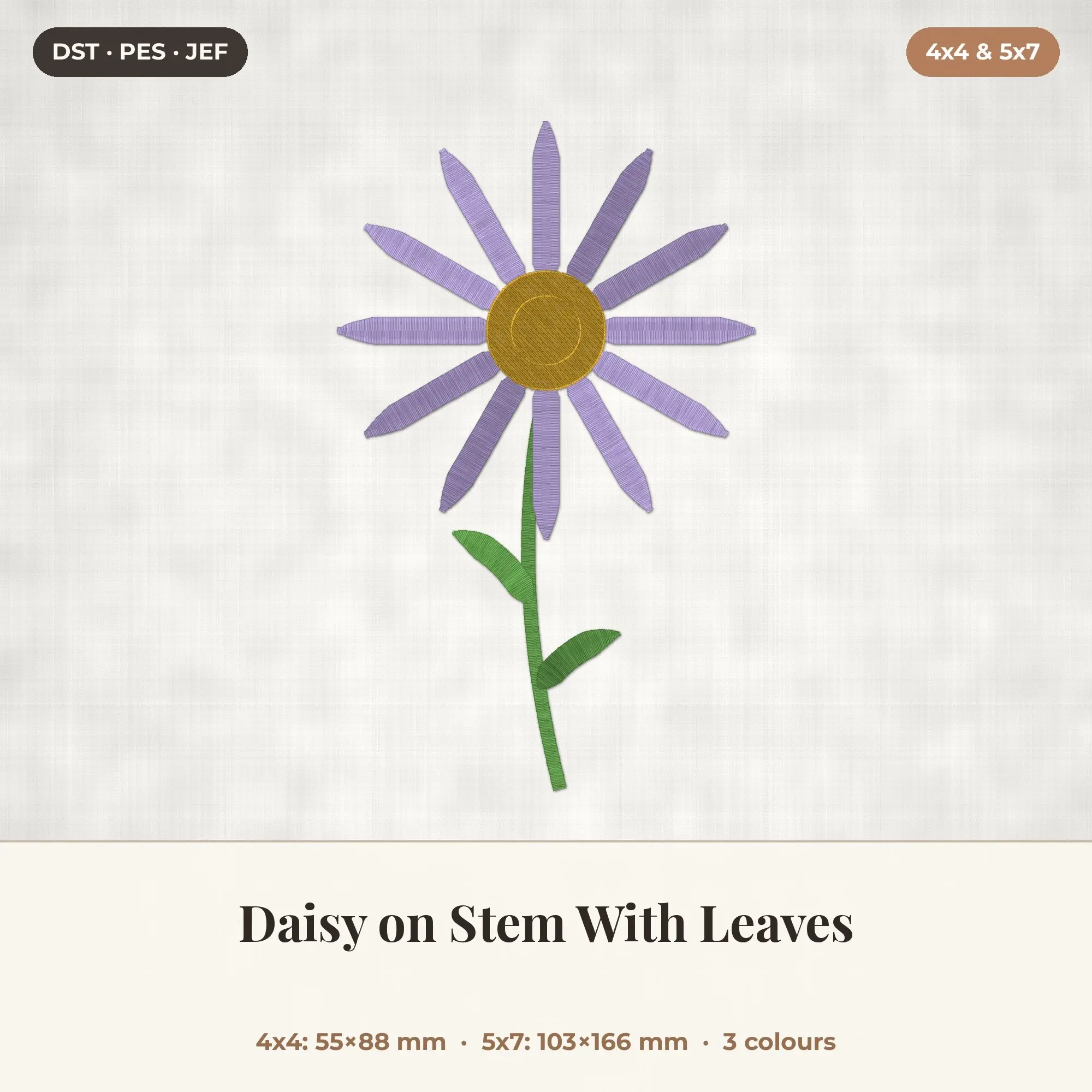 Daisy on Stem With Leaves Machine Embroidery Design 4x4 5x7 preview