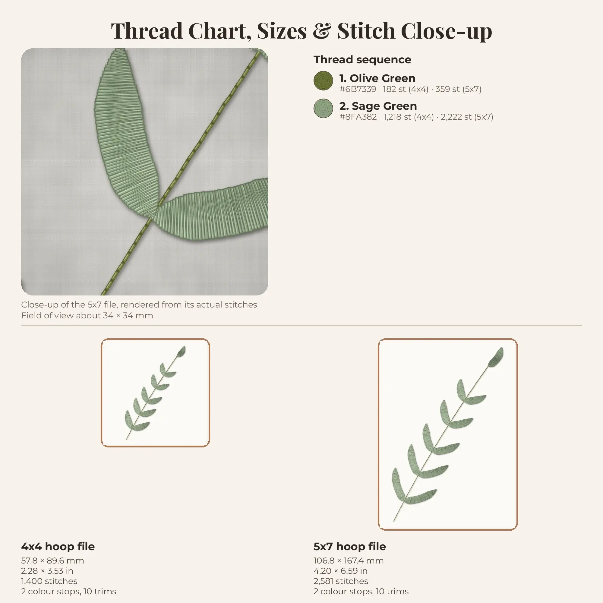 Botanical Leaf Sprig Machine Embroidery Design 4x4 5x7, preview 2 of 2