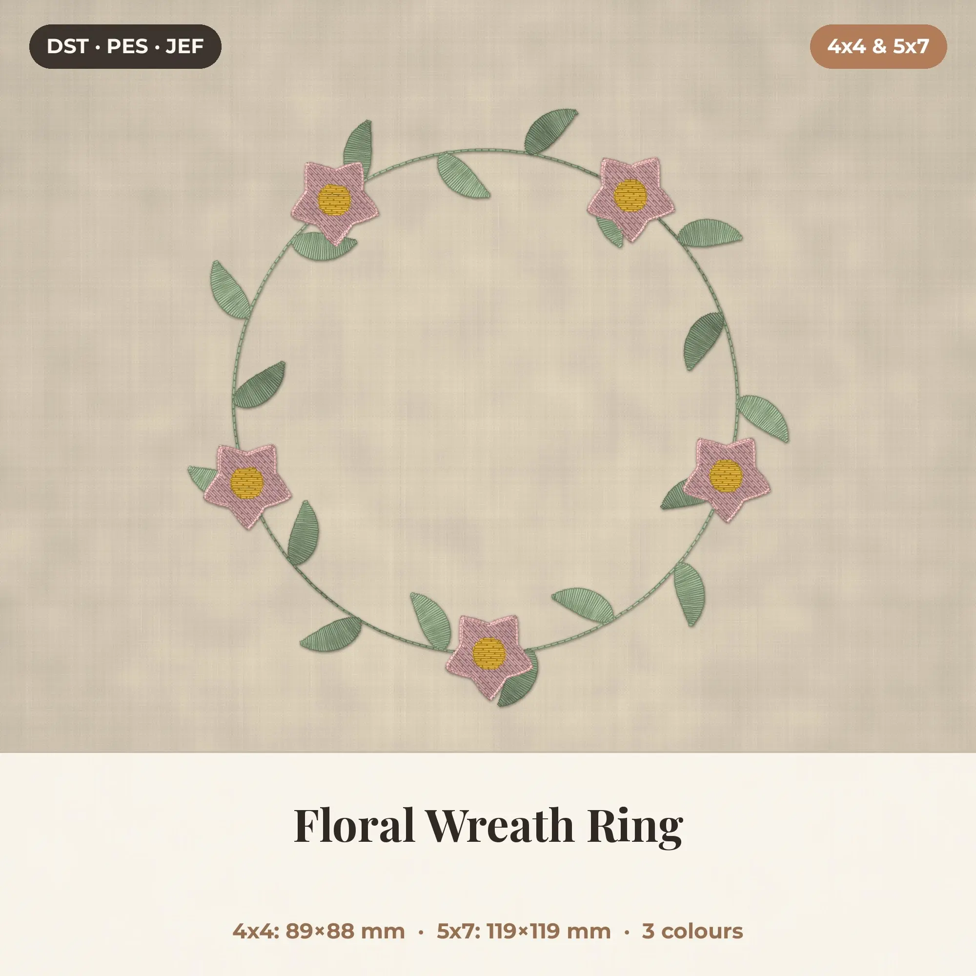 Floral Wreath Ring Machine Embroidery Design 4x4 5x7, preview 1 of 2