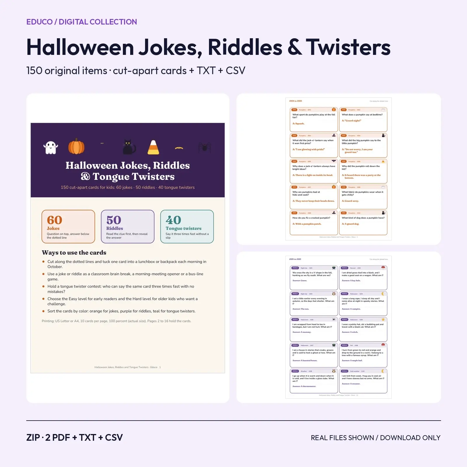 Halloween Jokes, Riddles and Tongue Twisters for Kids – 150 Original Items, Printable Cards, TXT and CSV preview