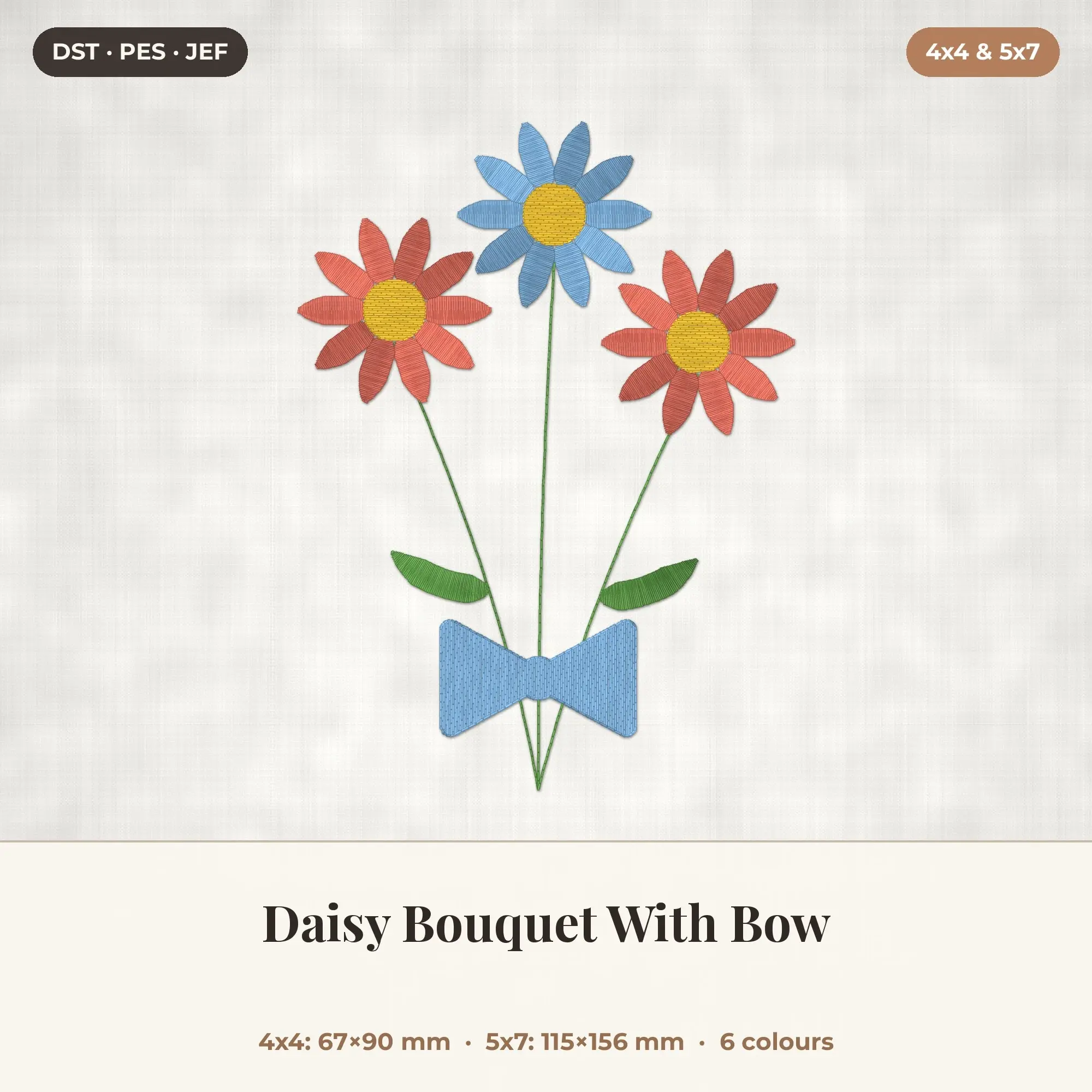 Daisy Bouquet With Bow Machine Embroidery Design 4x4 5x7 preview