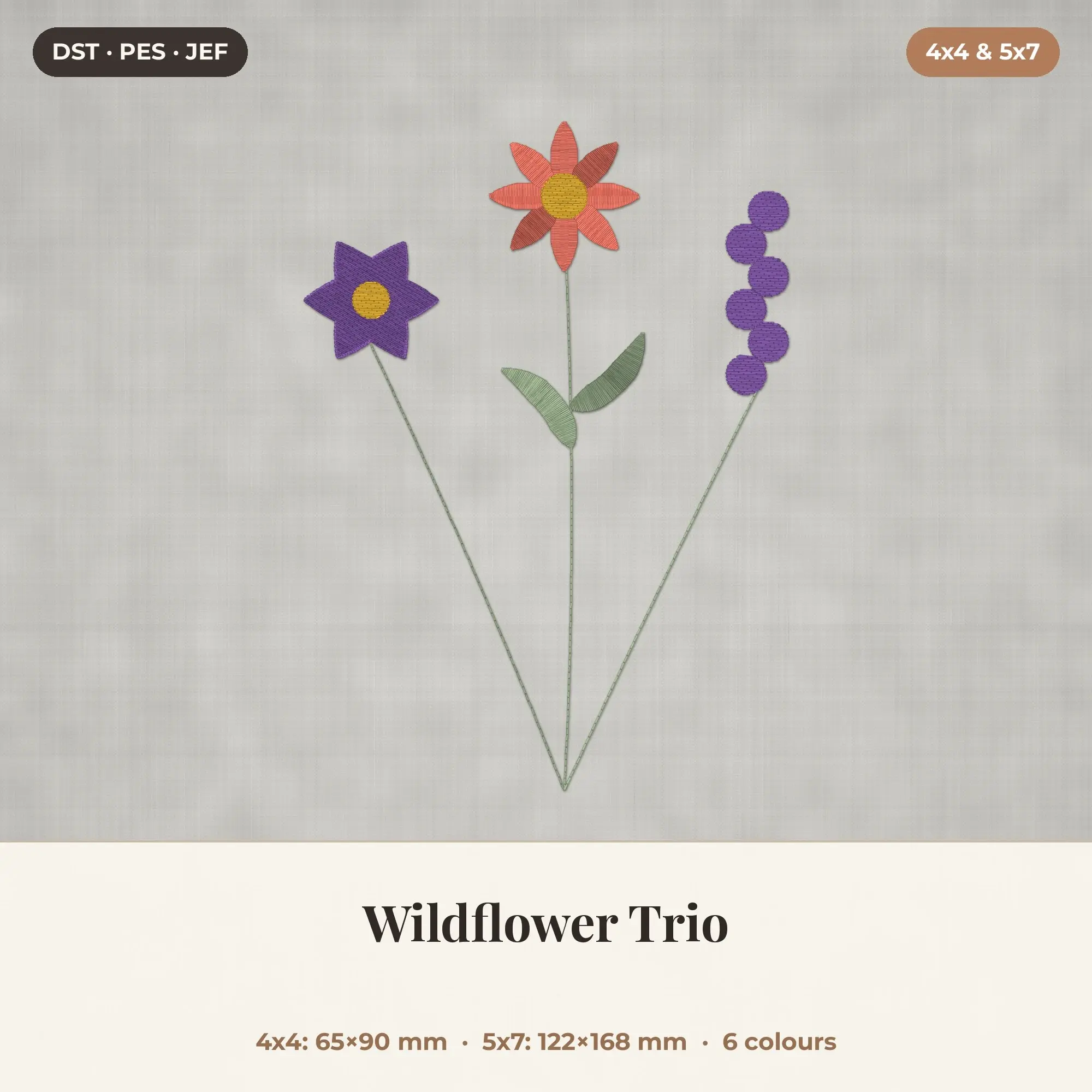Wildflower Trio Machine Embroidery Design 4x4 5x7 preview