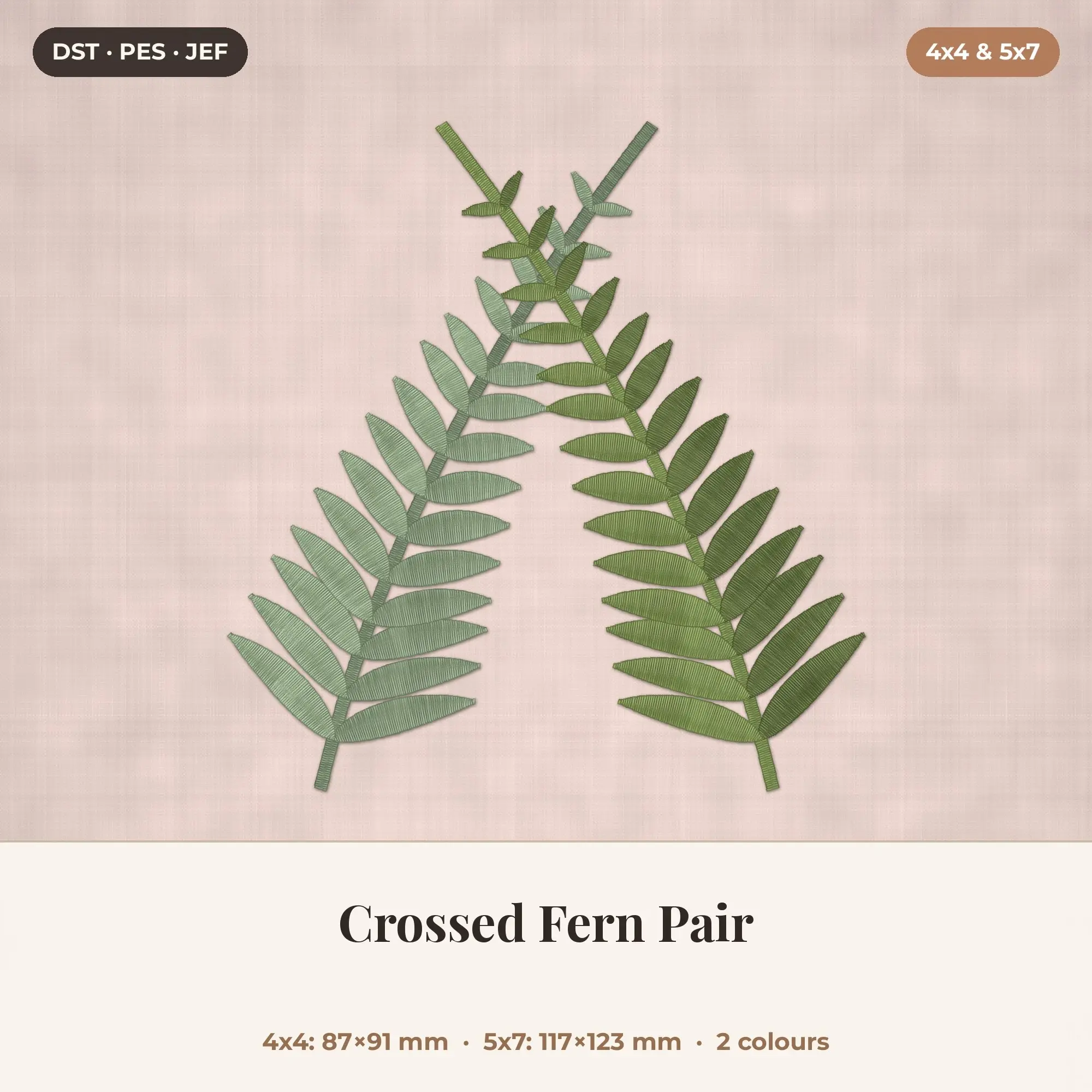 Crossed Fern Pair Machine Embroidery Design 4x4 5x7, preview 1 of 2