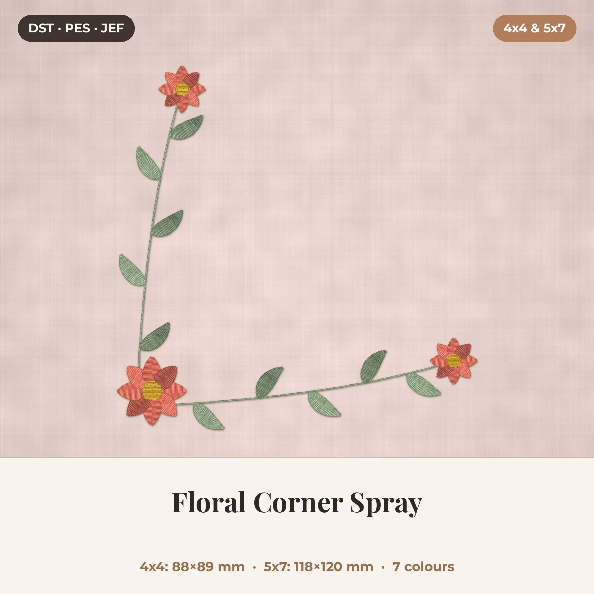 Floral Corner Spray Machine Embroidery Design 4x4 5x7 preview