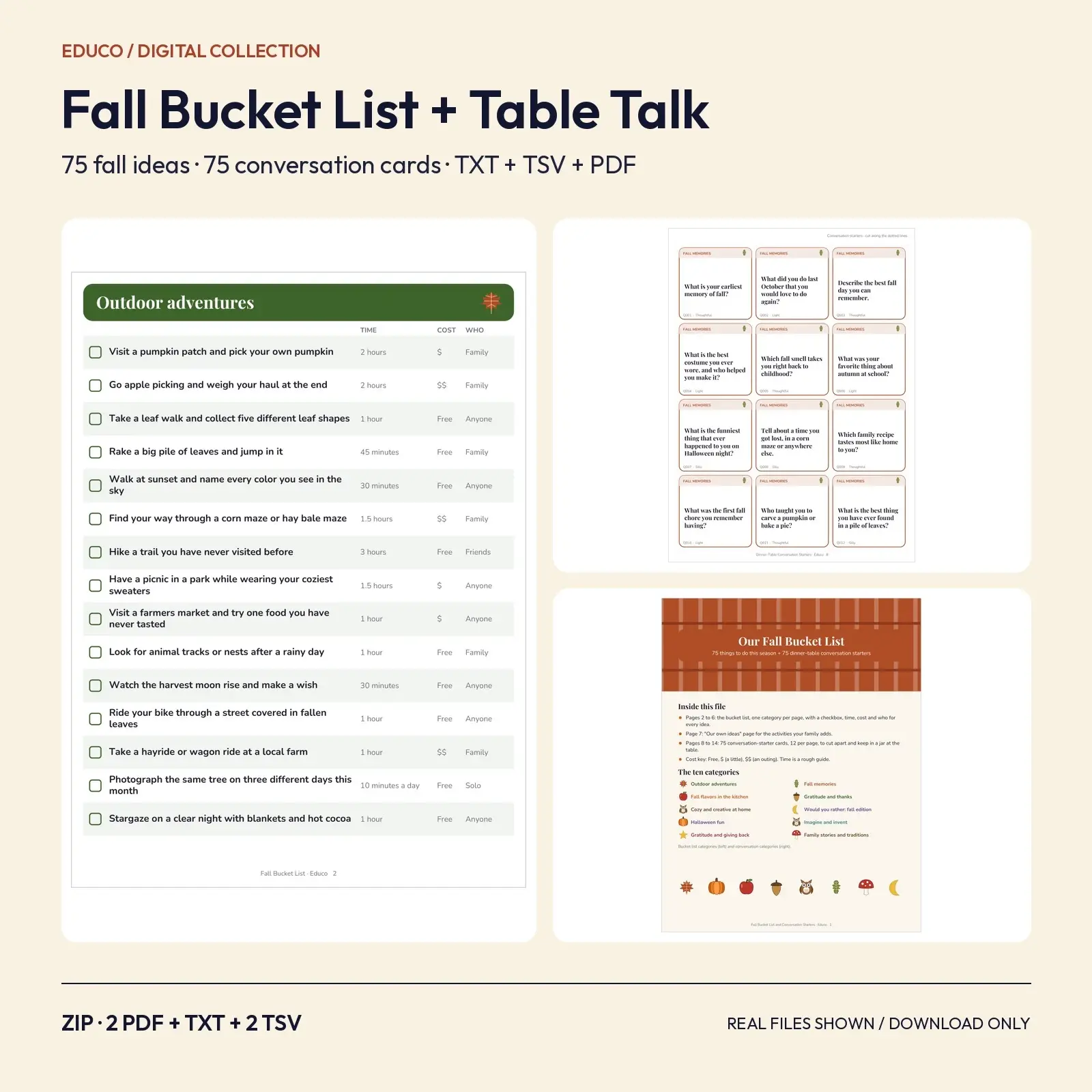 Fall Bucket List and Dinner-Table Conversation Starters – 75 Ideas, 75 Question Cards (PDF, TXT, TSV) preview