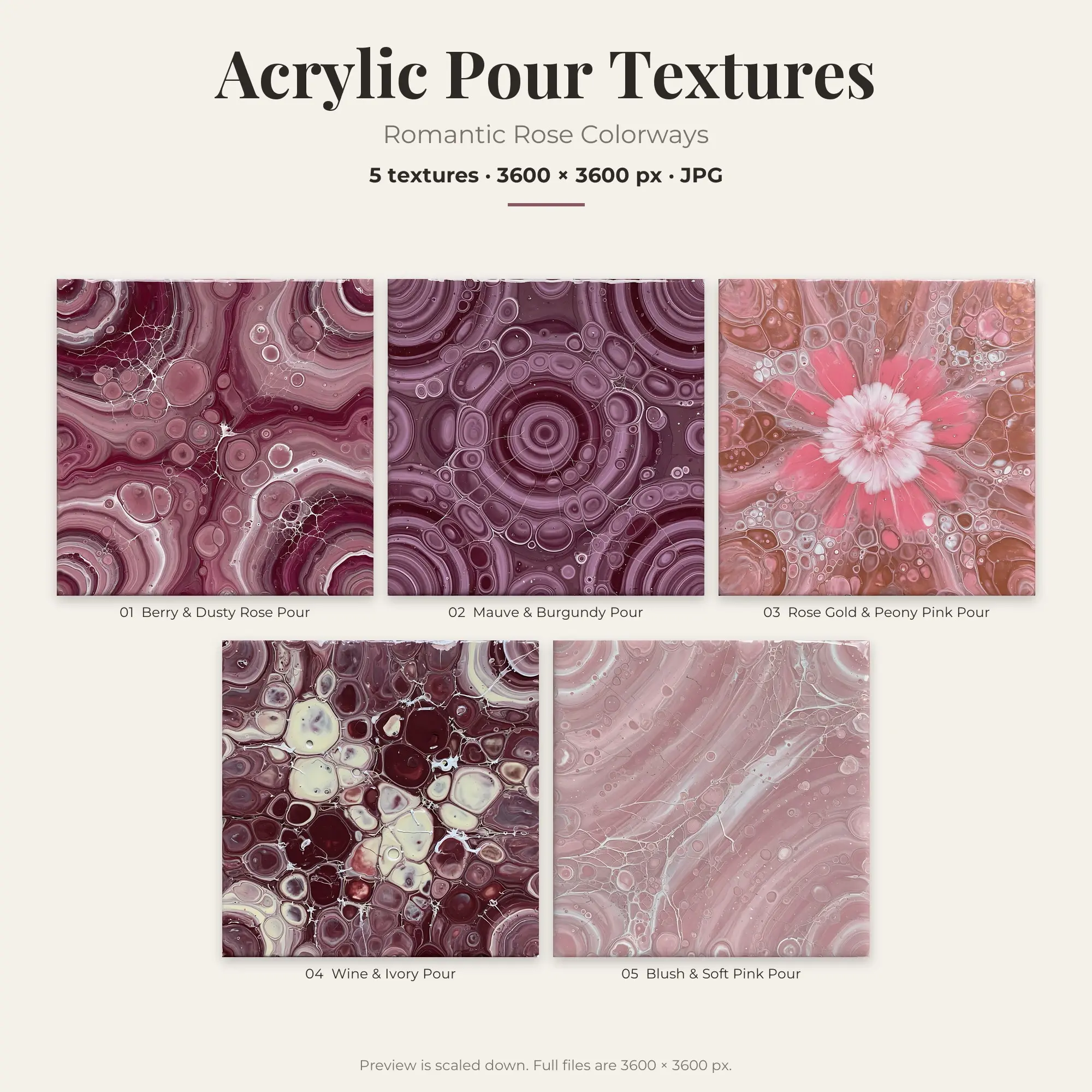 5 Romantic Rose Acrylic Pour Textures, High-Res Backgrounds preview