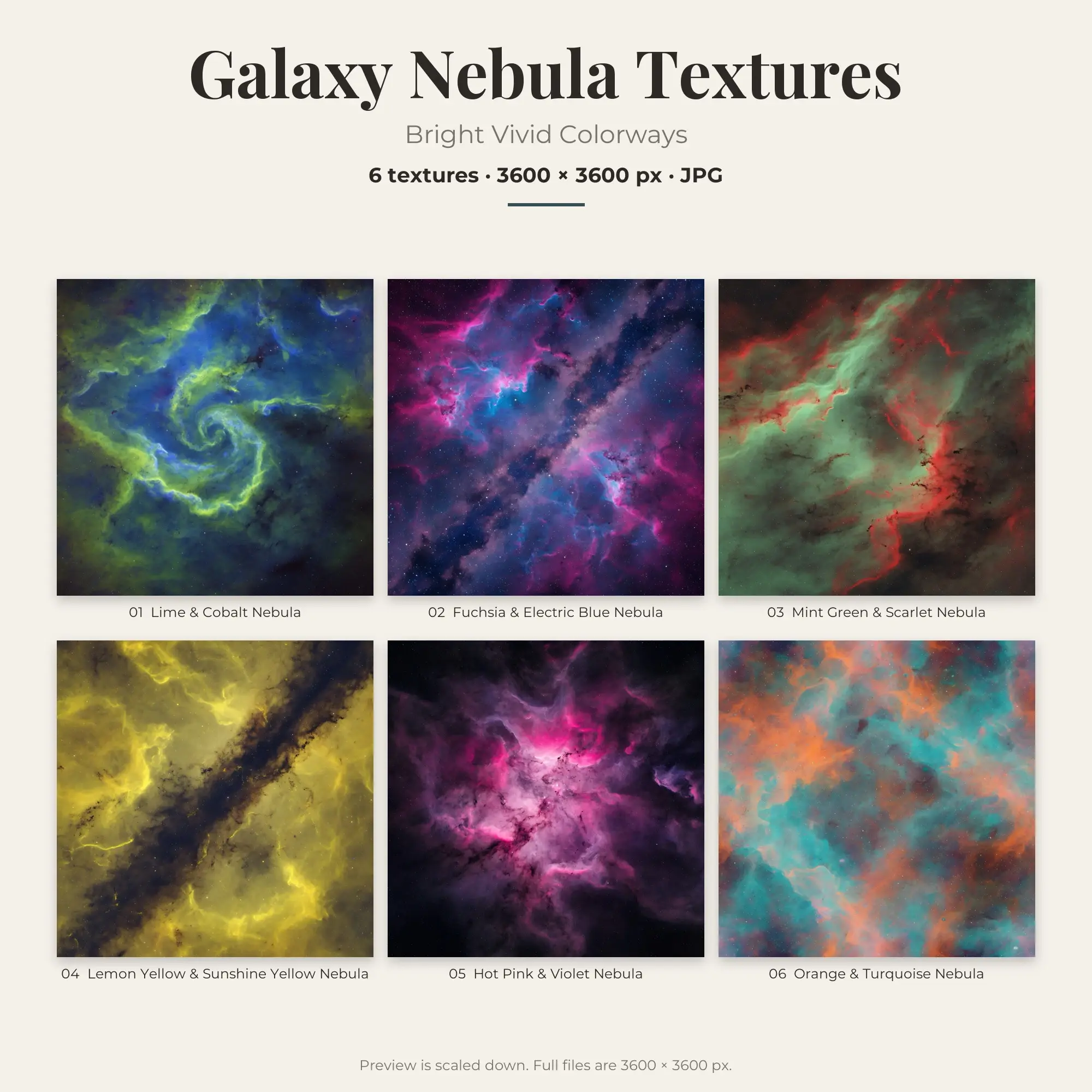 Galaxy Nebula Texture Pack, Bright Vivid Palette – 6 JPGs preview