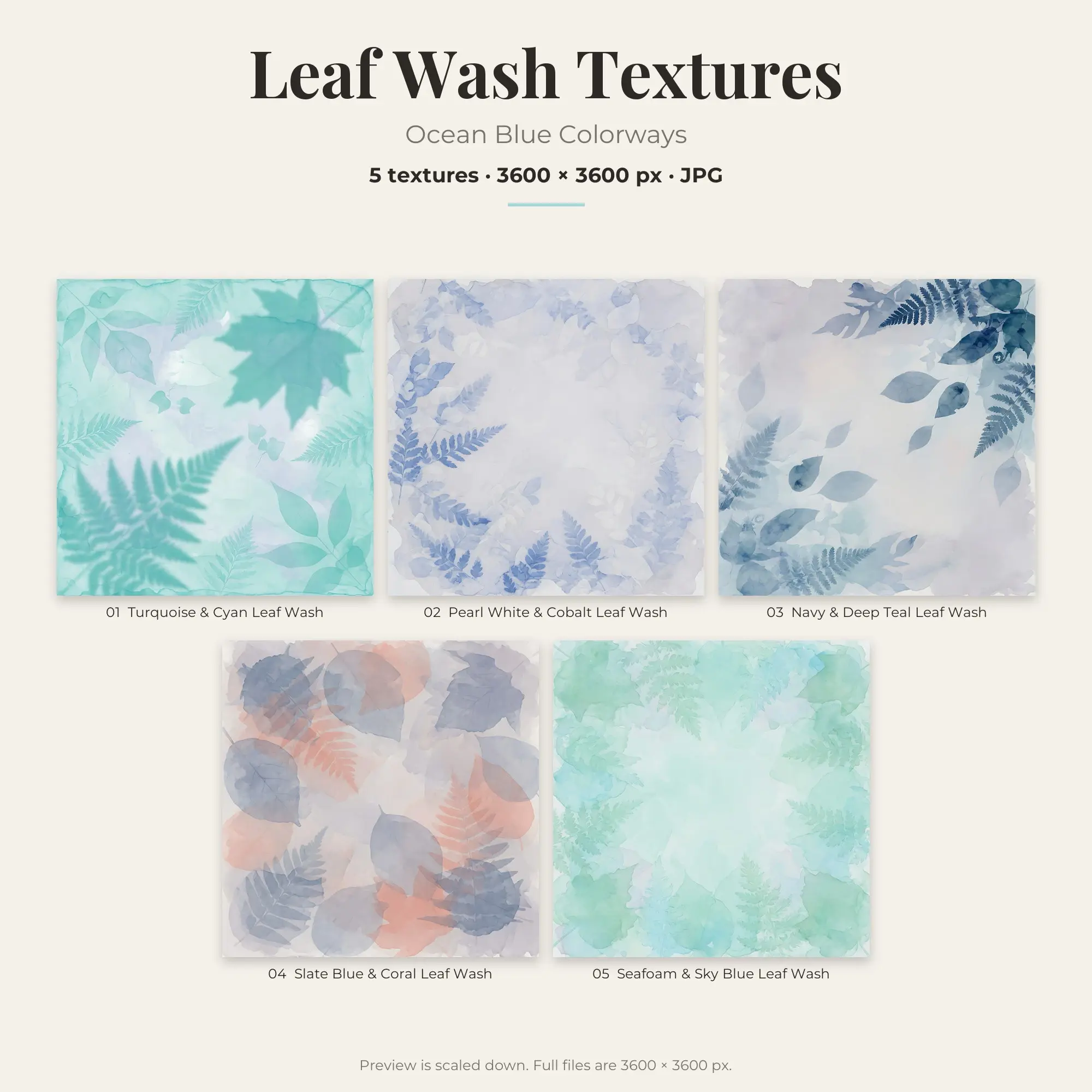 Leaf Wash Texture Pack, Ocean Blue Palette – 5 JPGs preview