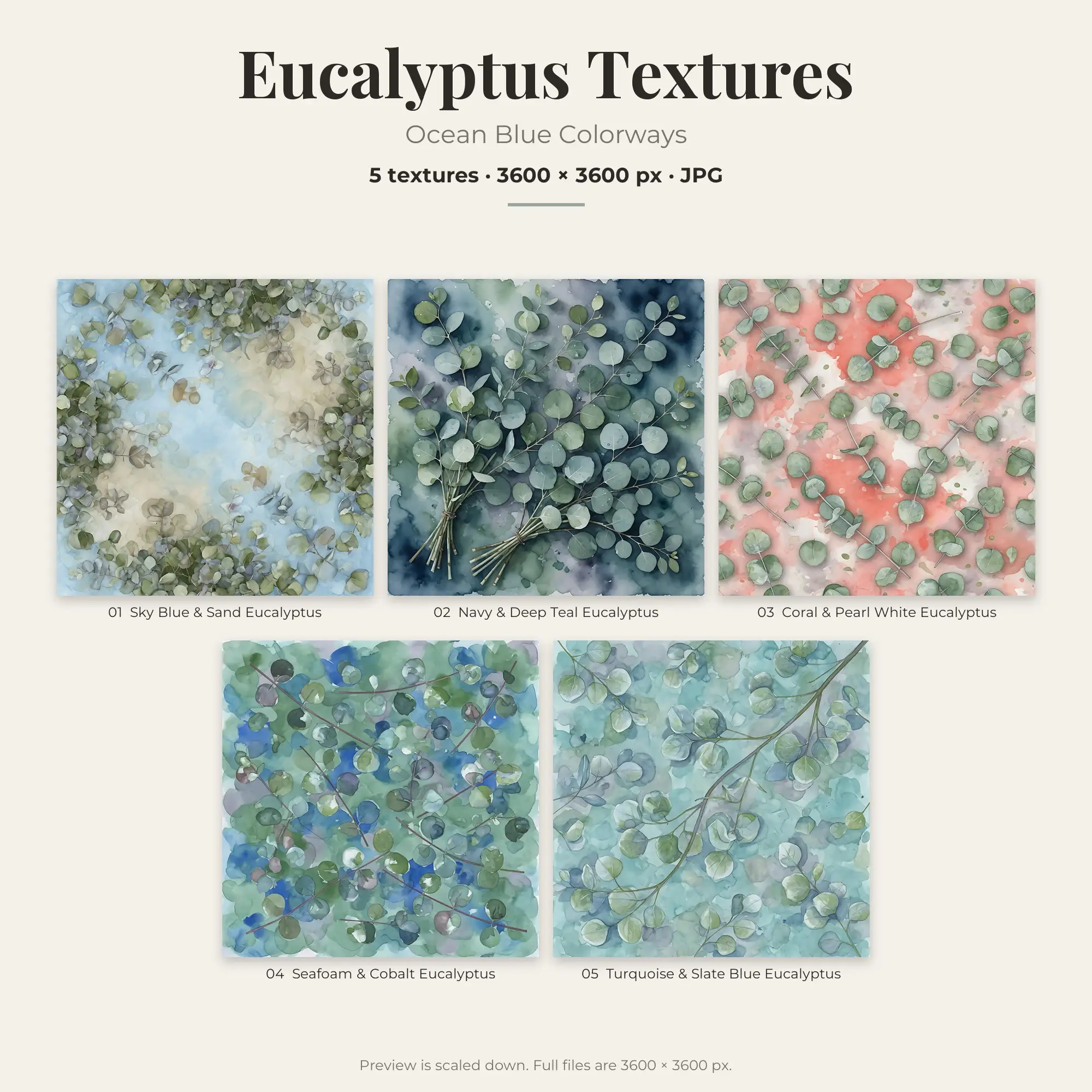 Ocean Blue Eucalyptus Textures – 5 Digital Backgrounds preview