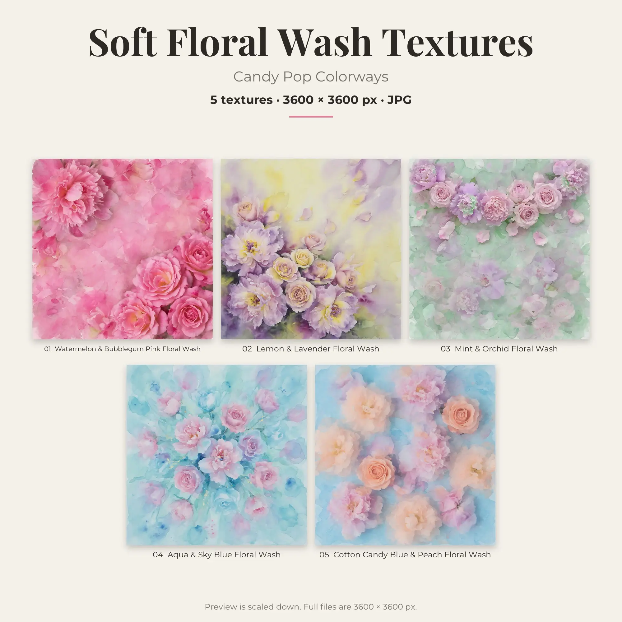 Candy Pop Soft Floral Wash Textures – 5 Digital Backgrounds preview