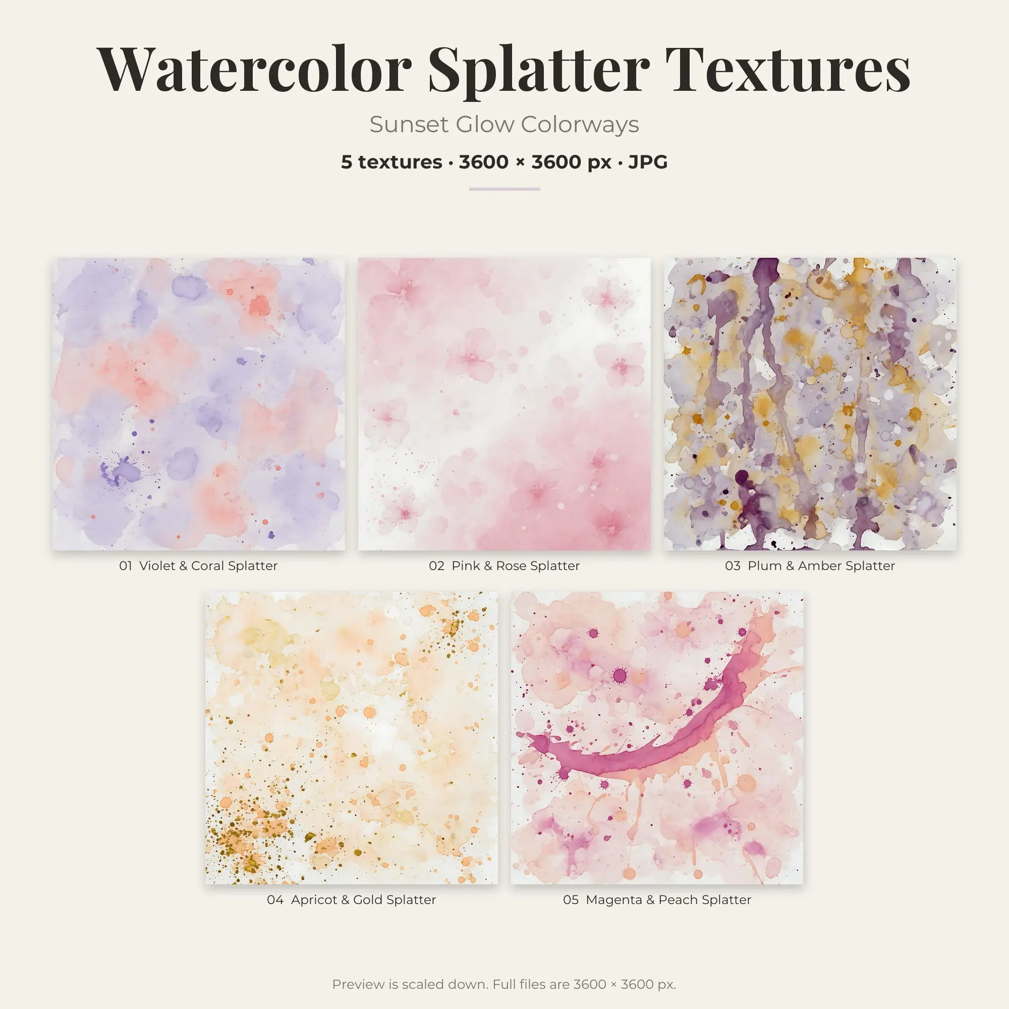 Watercolor Splatter Backgrounds in Sunset Glow Colors – 5 JPGs, preview 1 of 2