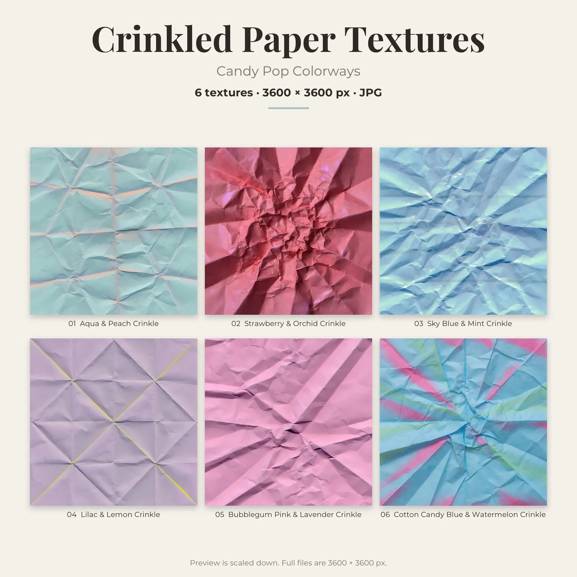 Crinkled Paper Texture Pack, Candy Pop Palette – 6 JPGs preview