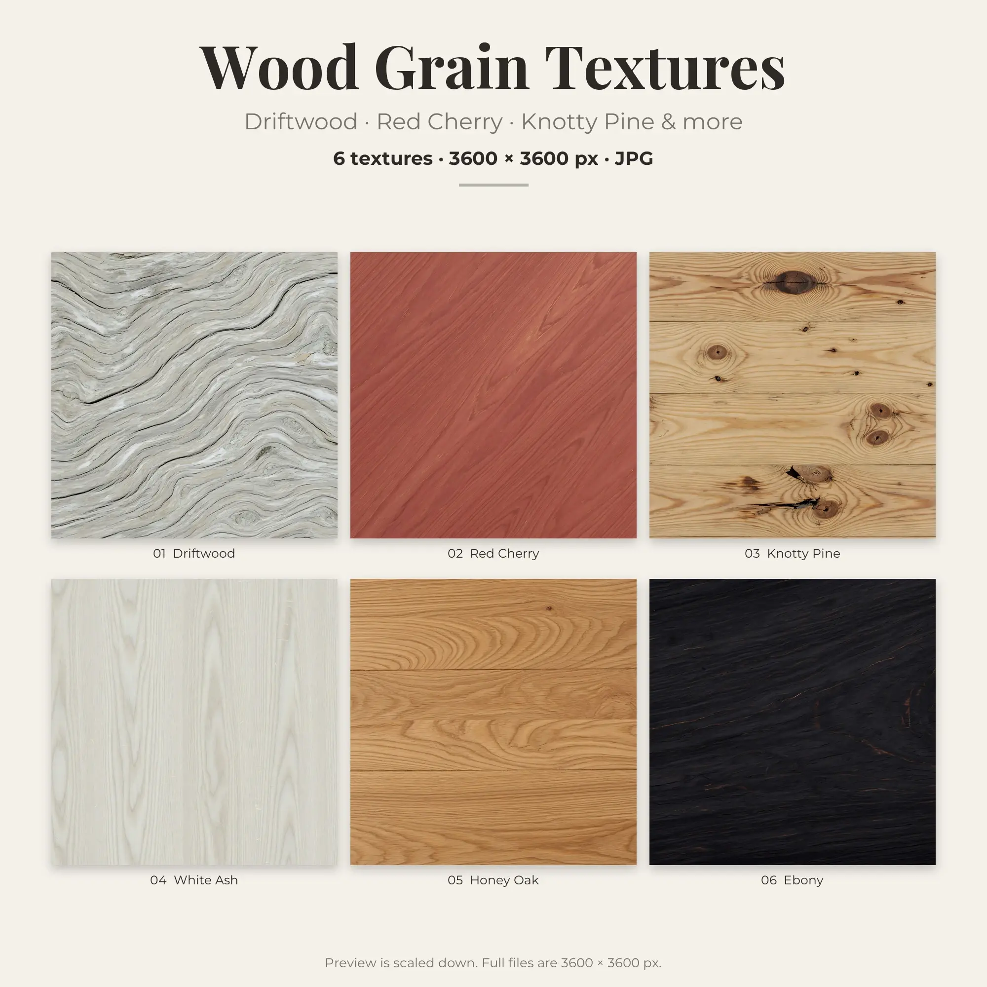 Wood Grain Textures: Driftwood, Red Cherry & Knotty Pine – 6 JPGs preview