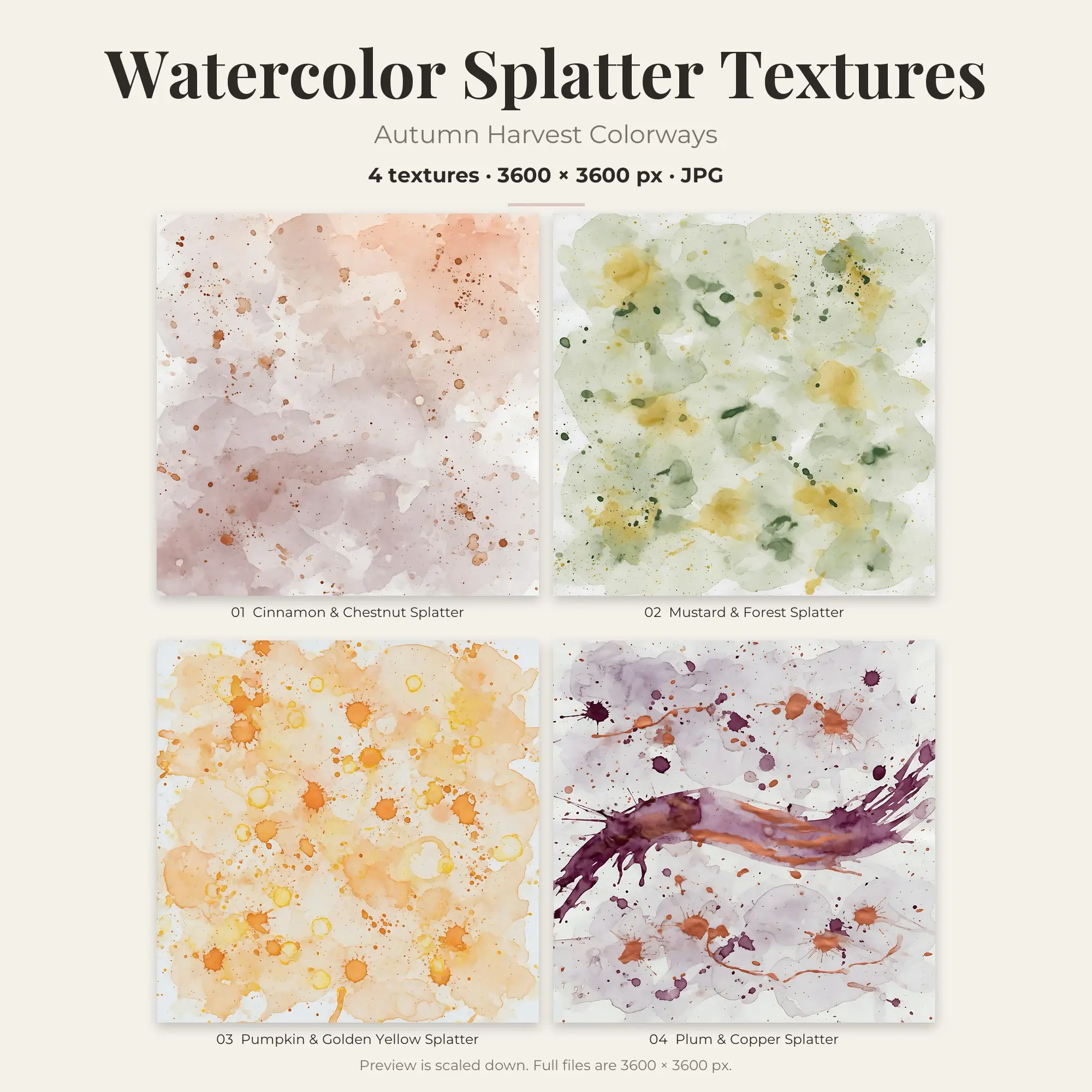 4 Autumn Harvest Watercolor Splatter Textures, High-Res Backgrounds preview