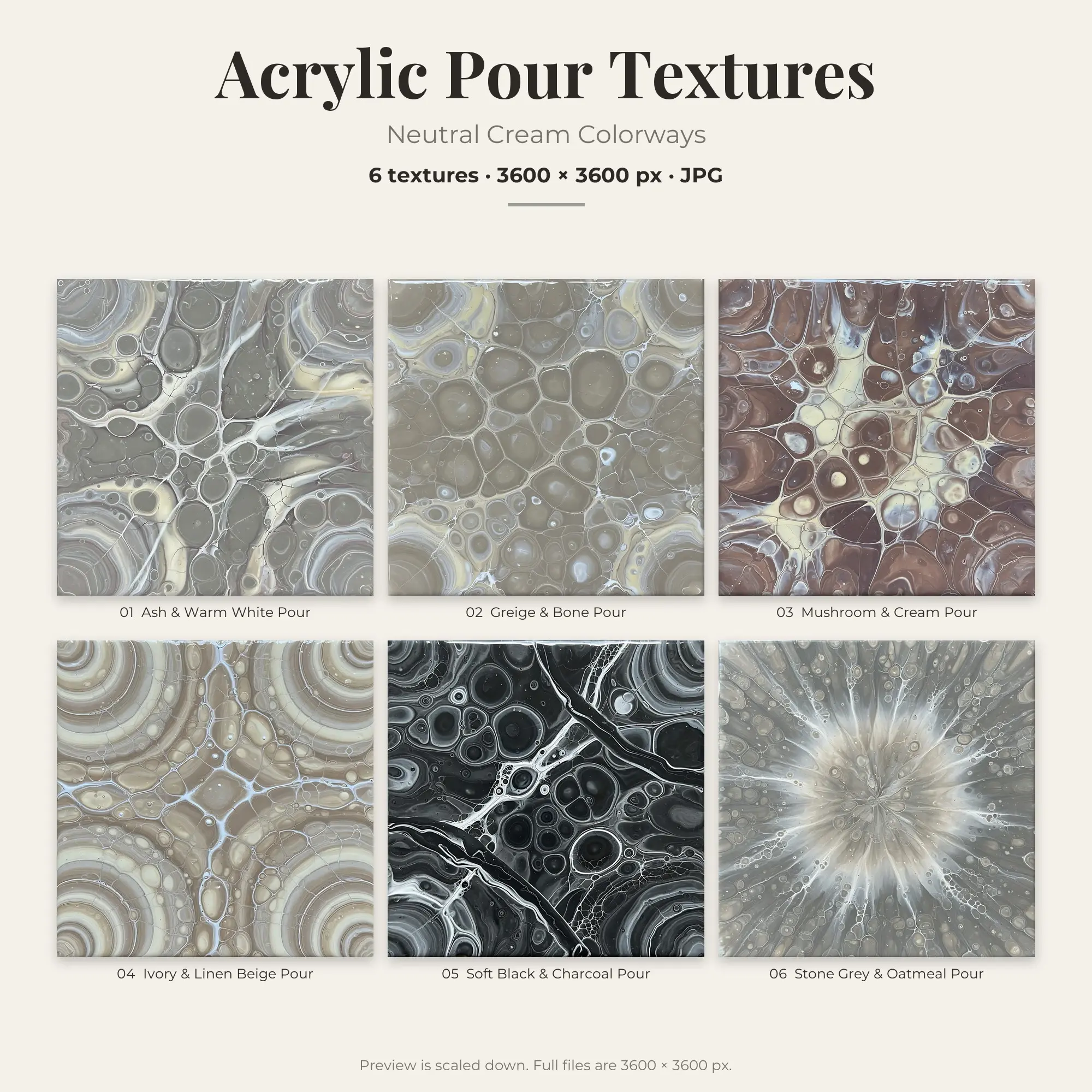 6 Neutral Cream Acrylic Pour Textures, High-Res Backgrounds preview