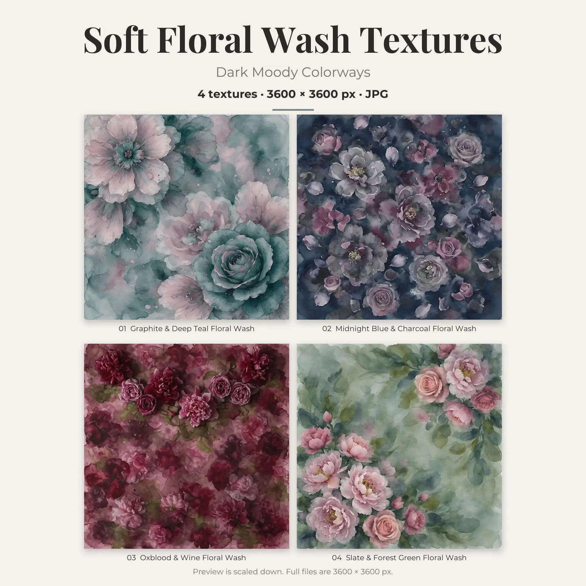Soft Floral Wash Backgrounds in Dark Moody Colors – 4 JPGs preview