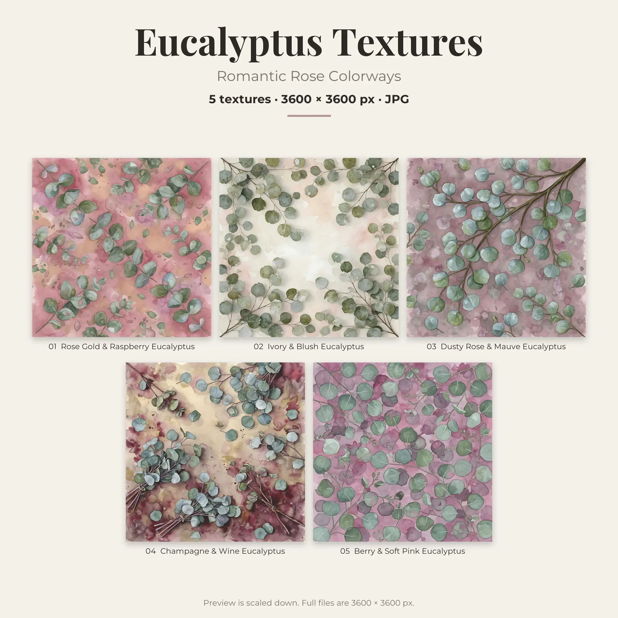 Eucalyptus Texture Pack, Romantic Rose Palette – 5 JPGs preview