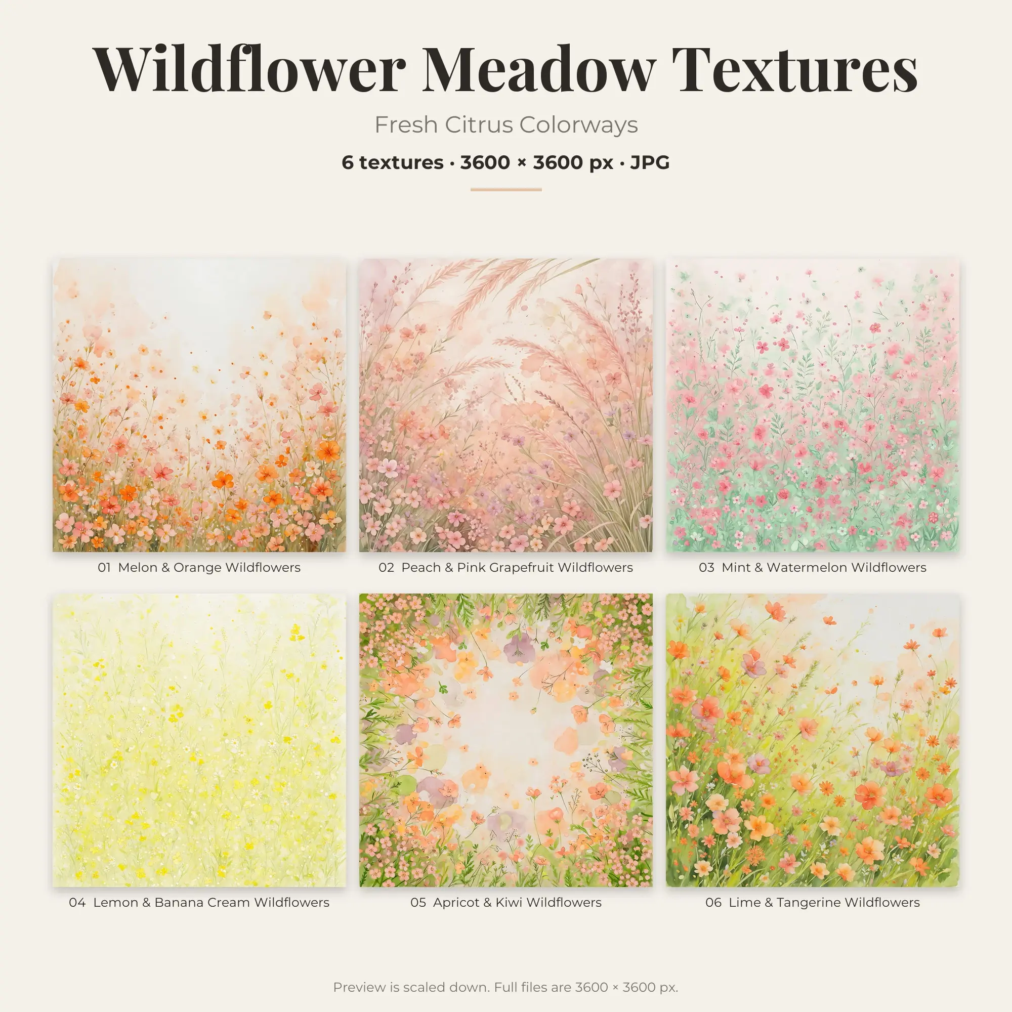Wildflower Meadow Backgrounds in Fresh Citrus Colors – 6 JPGs preview