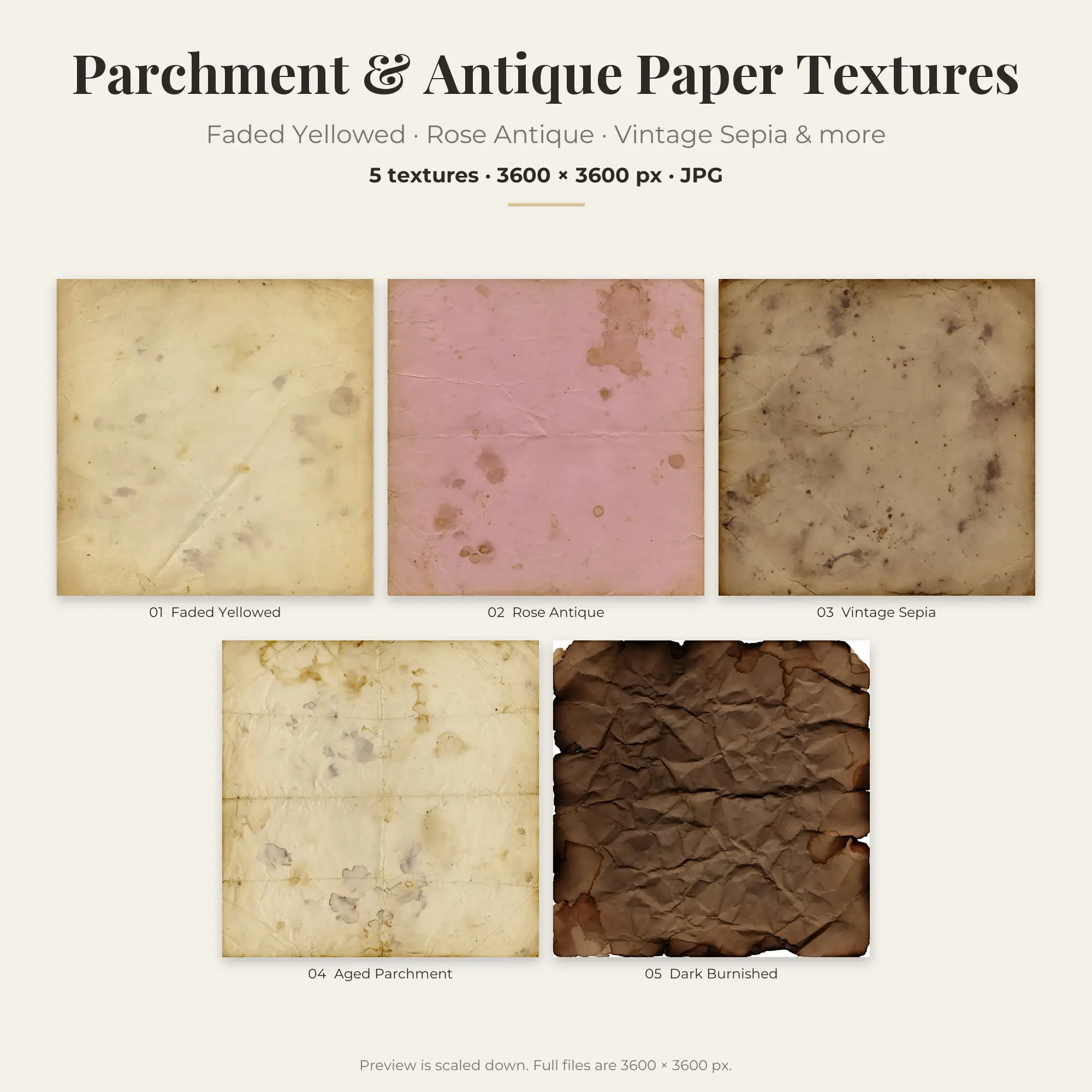 Faded Yellowed Parchment & Antique Paper Textures – 5 Backgrounds, preview 1 of 2