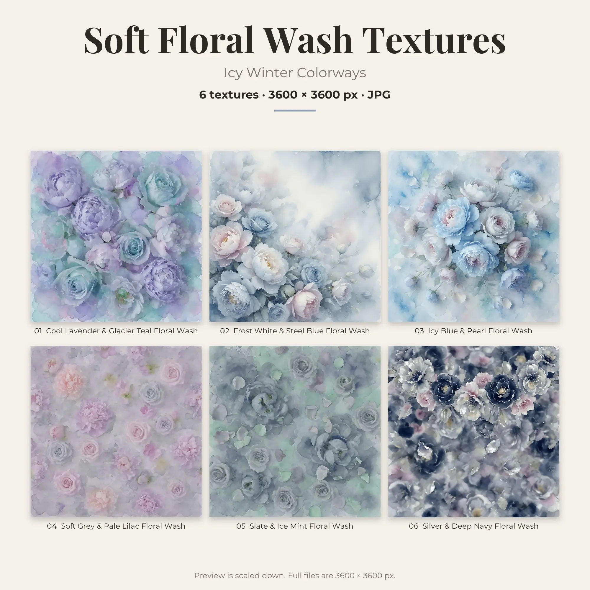 Soft Floral Wash Texture Pack, Icy Winter Palette – 6 JPGs preview