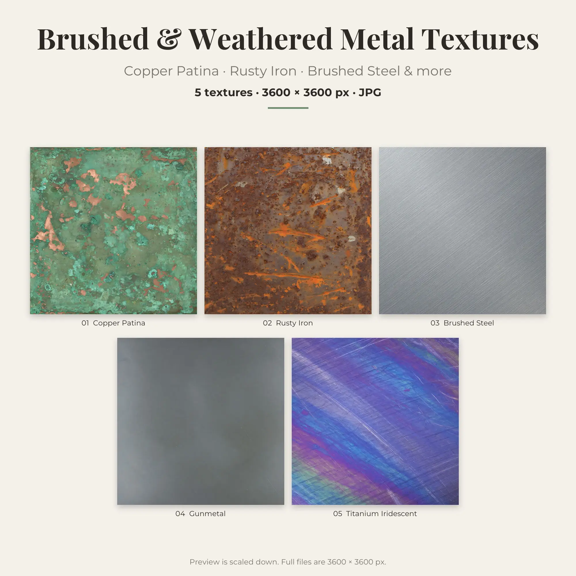 Copper Patina Brushed & Weathered Metal Textures – 5 Backgrounds preview