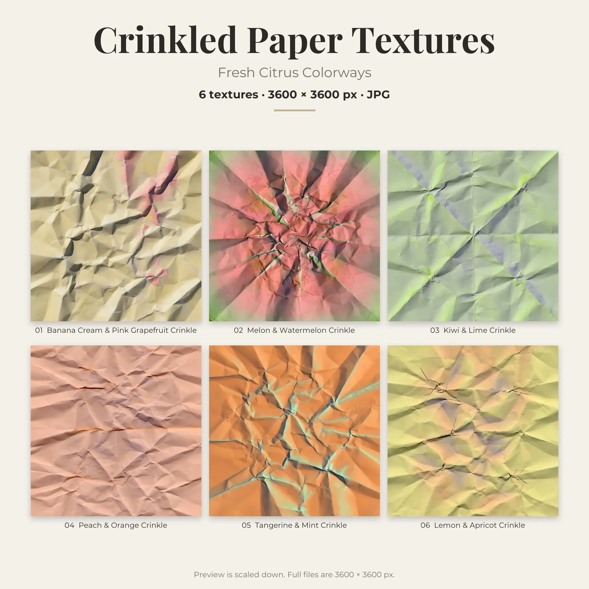 Crinkled Paper Texture Pack, Fresh Citrus Palette – 6 JPGs preview