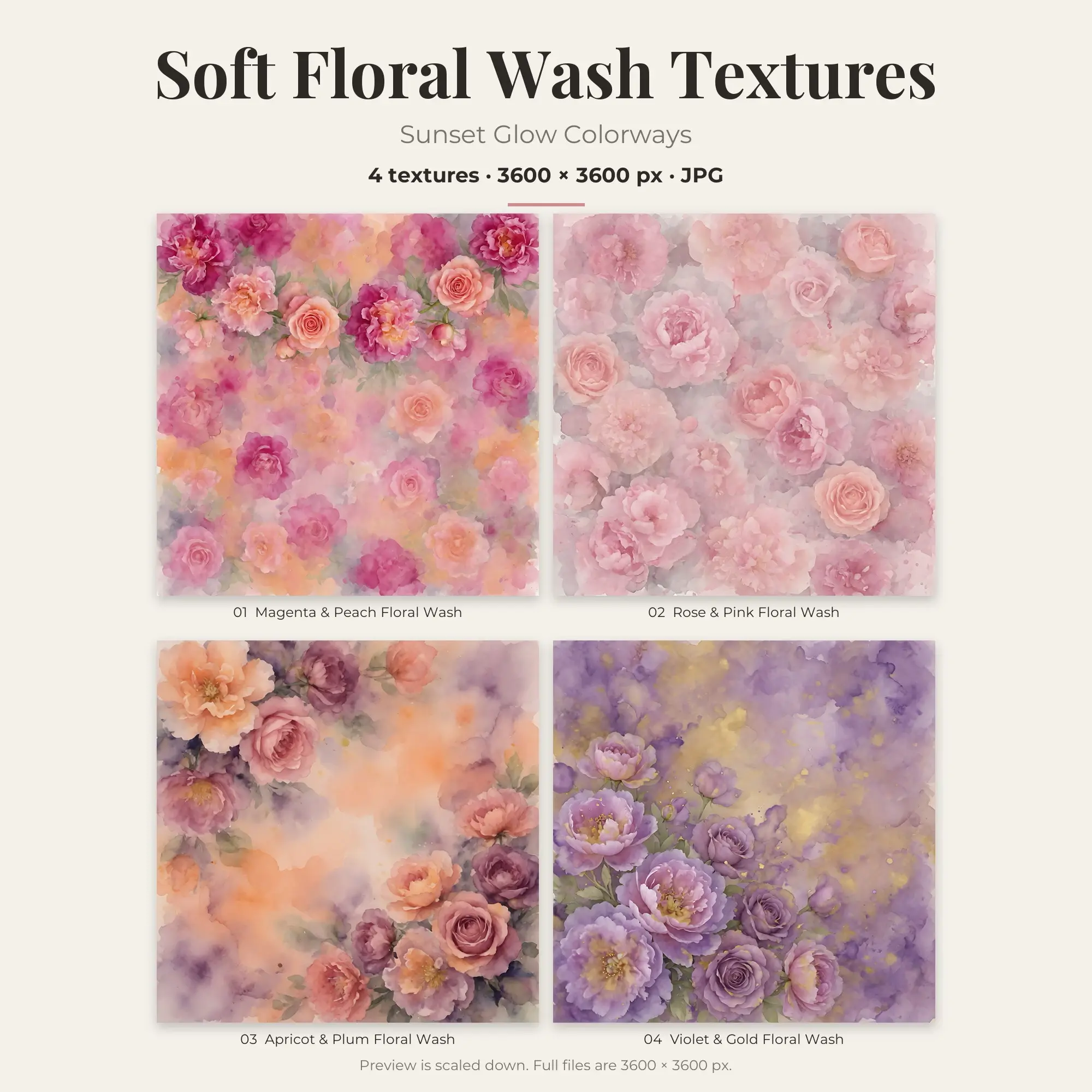 Soft Floral Wash Texture Pack, Sunset Glow Palette – 4 JPGs preview