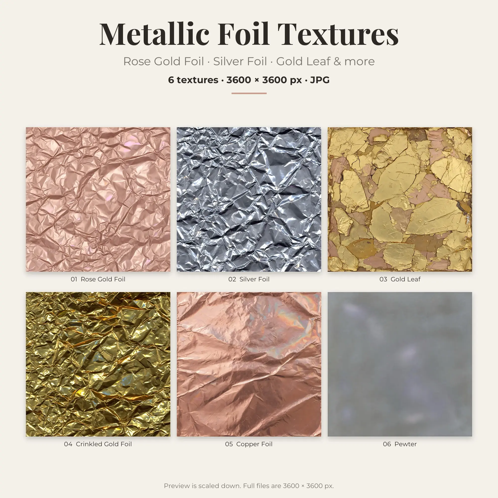 Metallic Foil Textures: Rose Gold Foil & Silver Foil – 6 JPGs preview