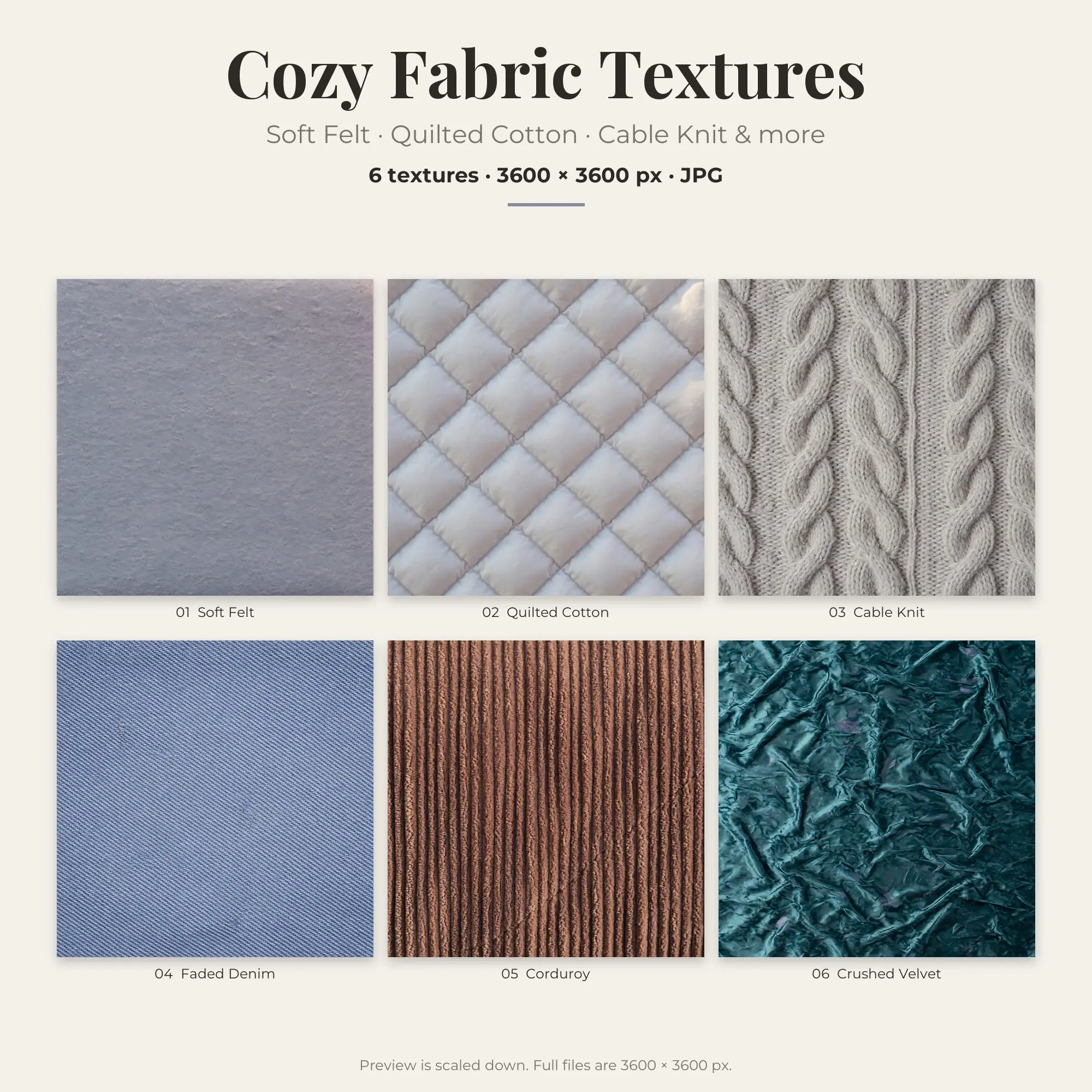 Cozy Fabric Textures: Soft Felt, Quilted Cotton & Cable Knit – 6 JPGs preview