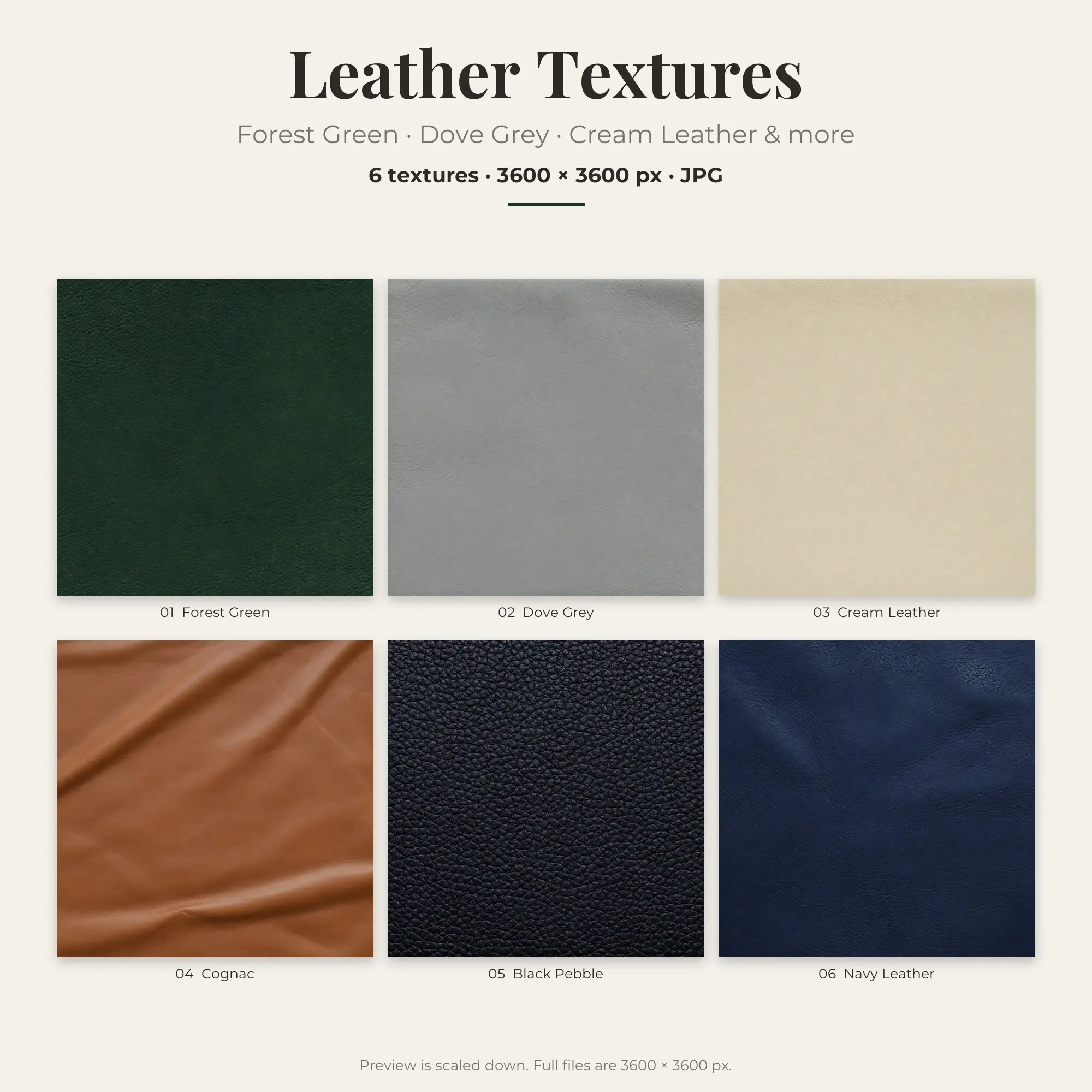 Leather Textures: Forest Green, Dove Grey & Cream Leather – 6 JPGs preview