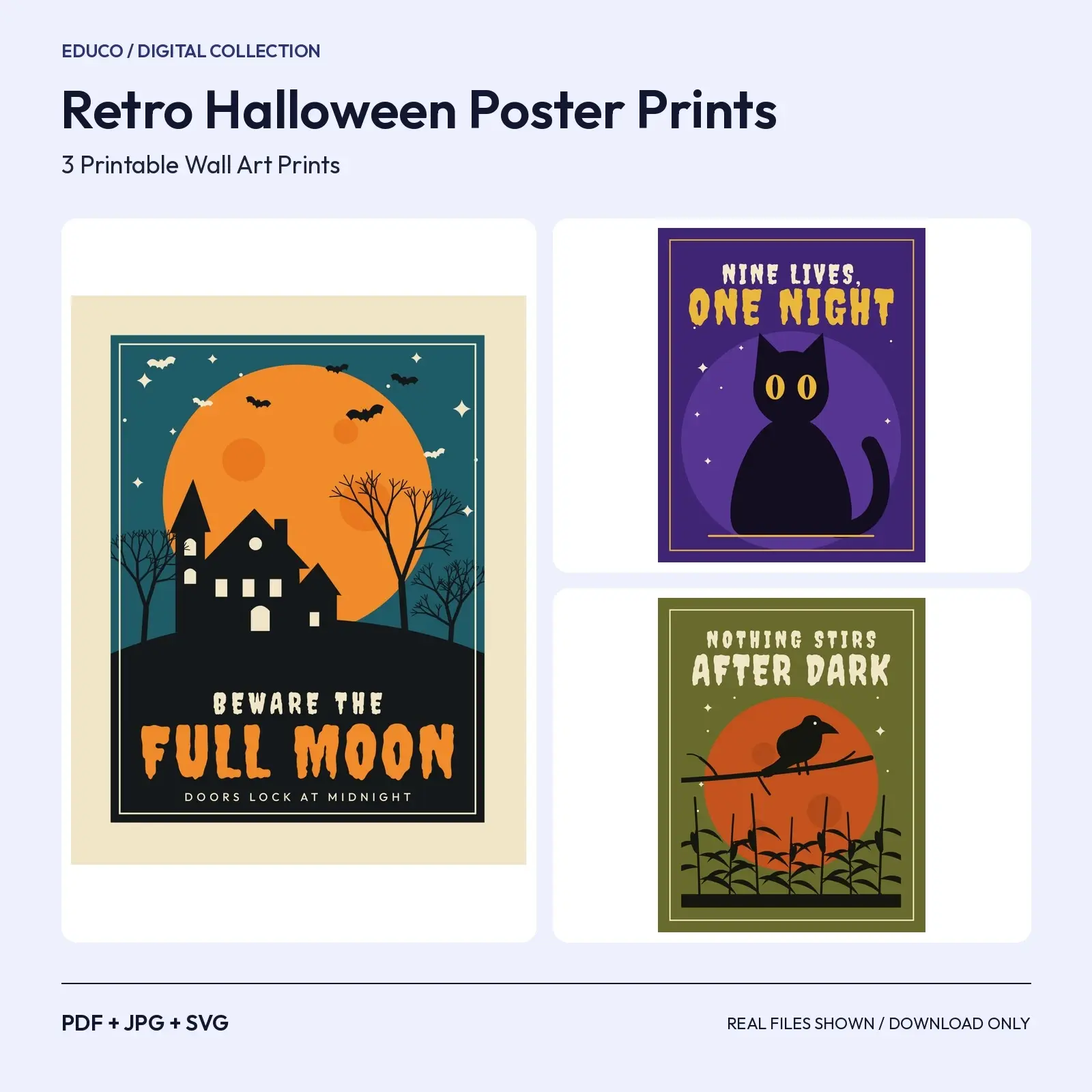 Retro Halloween Poster Prints – 3 Vintage-Style Printable Wall Art Posters preview