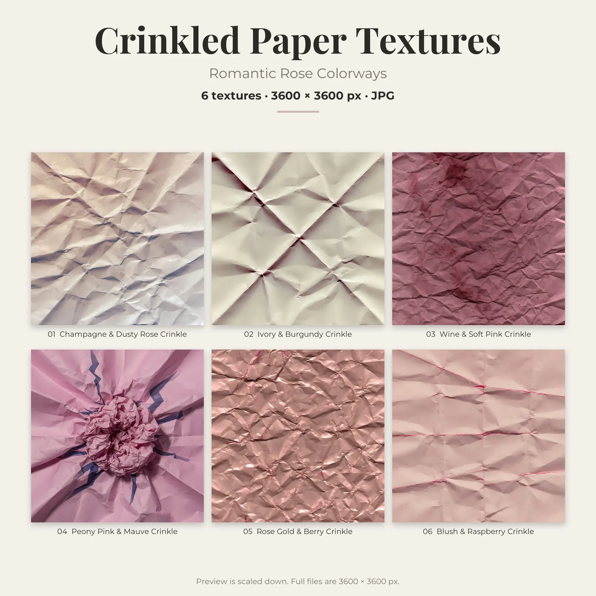 Crinkled Paper Backgrounds in Romantic Rose Colors – 6 JPGs preview
