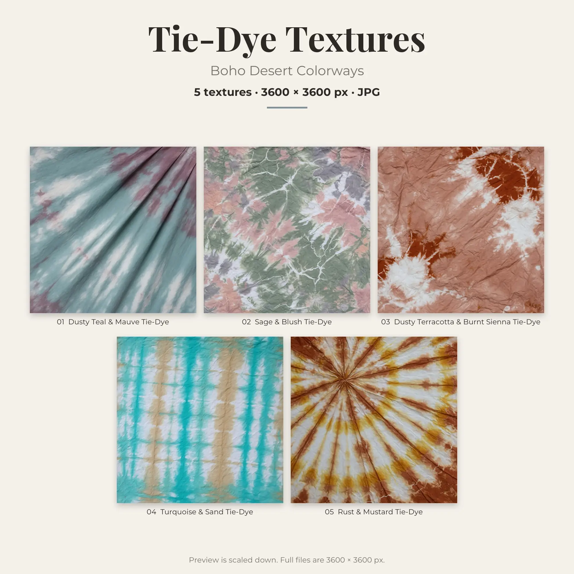 Tie-Dye Texture Pack, Boho Desert Palette – 5 JPGs preview