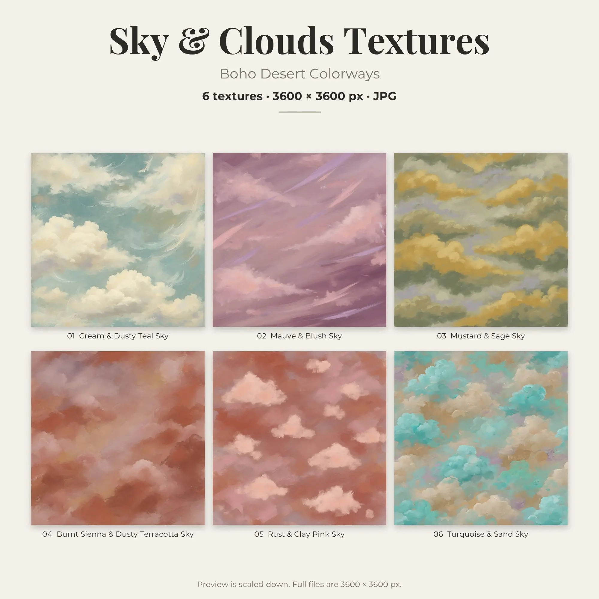 Sky & Clouds Texture Pack, Boho Desert Palette – 6 JPGs preview