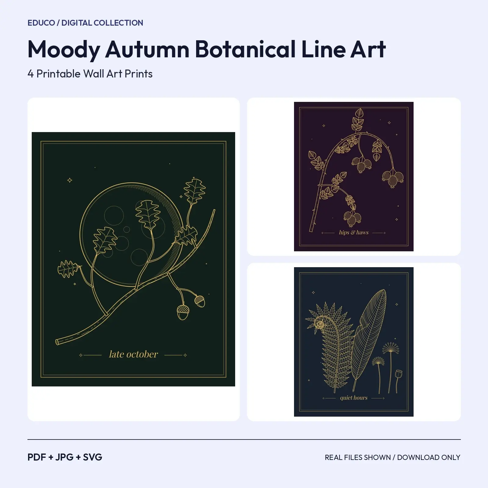 Moody Autumn Botanical Line Art – 4 Dark Gold Printable Wall Art Prints preview