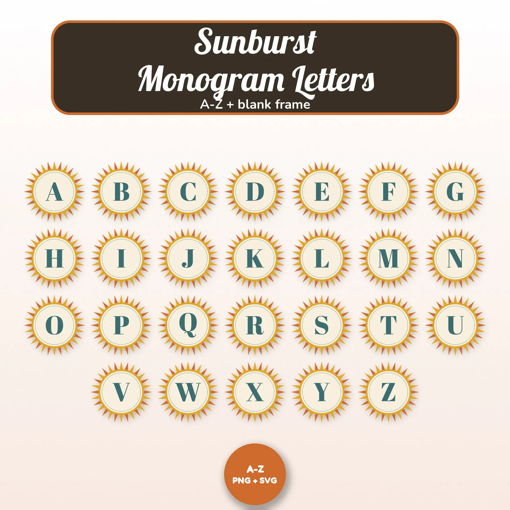 A-Z Monogram Frames: Retro Mustard Sunburst Initials, PNG + SVG preview