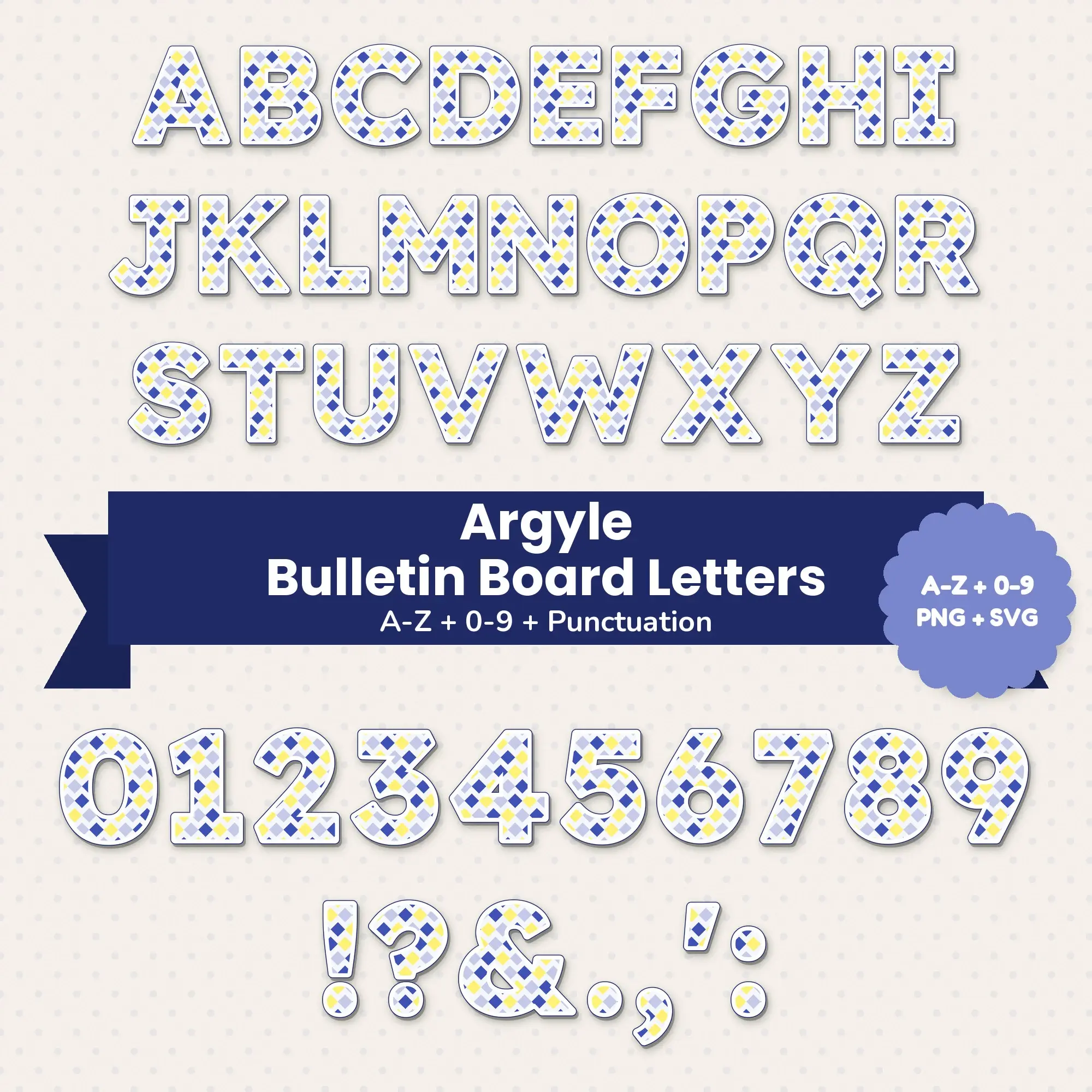 Blueberry Lemon Argyle Bulletin Board Letters - A-Z 0-9 PNG SVG preview