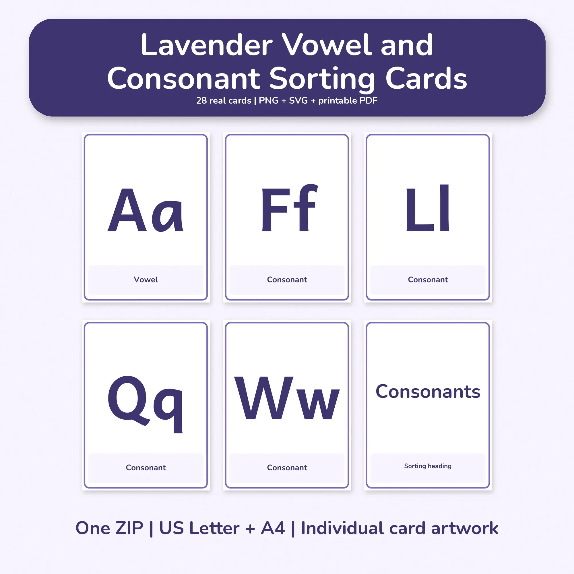 Lavender Vowel and Consonant Sorting Cards - PNG SVG PDF preview