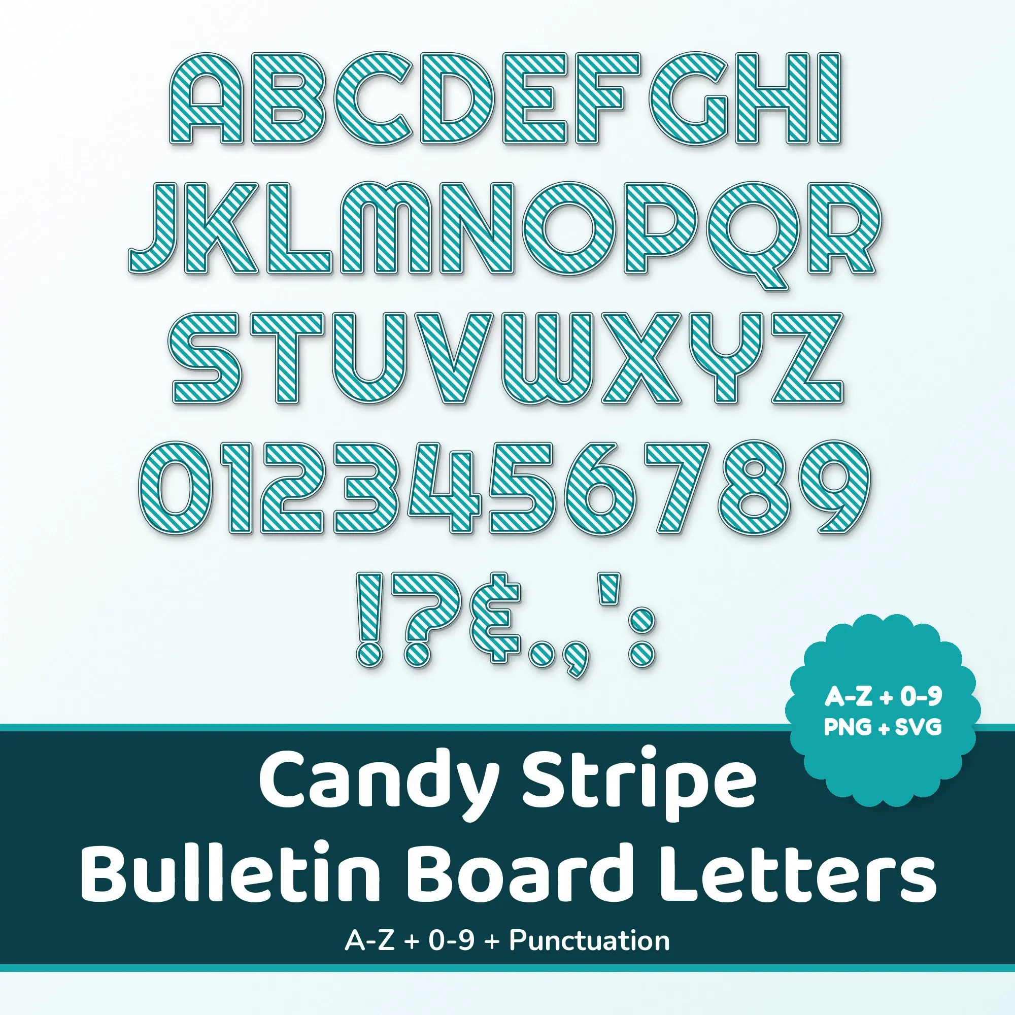Ocean Teal Candy Stripe Alphabet Cutout Letters & Numbers, PNG SVG PDF preview