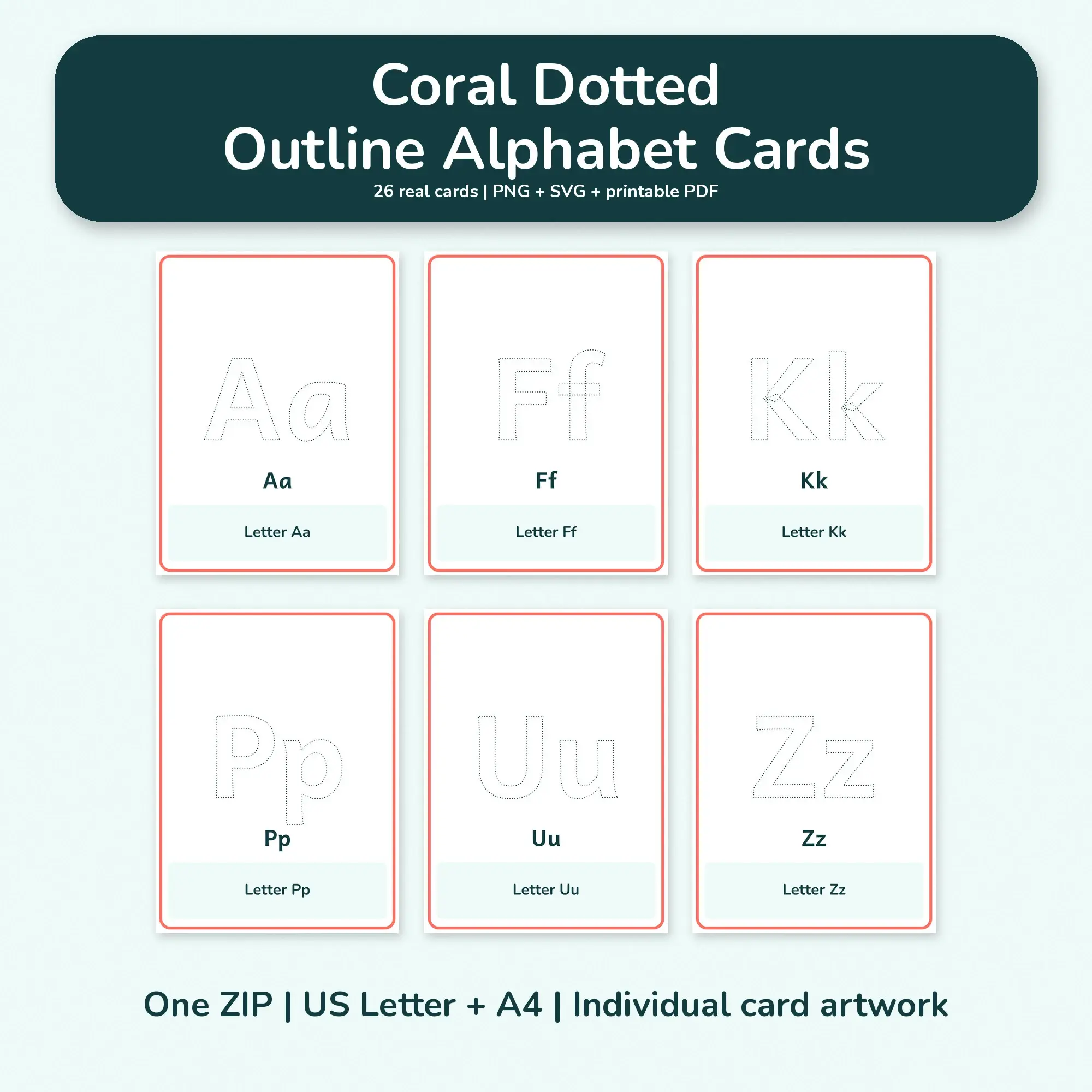 Coral Dotted Outline Alphabet Cards - PNG SVG PDF preview